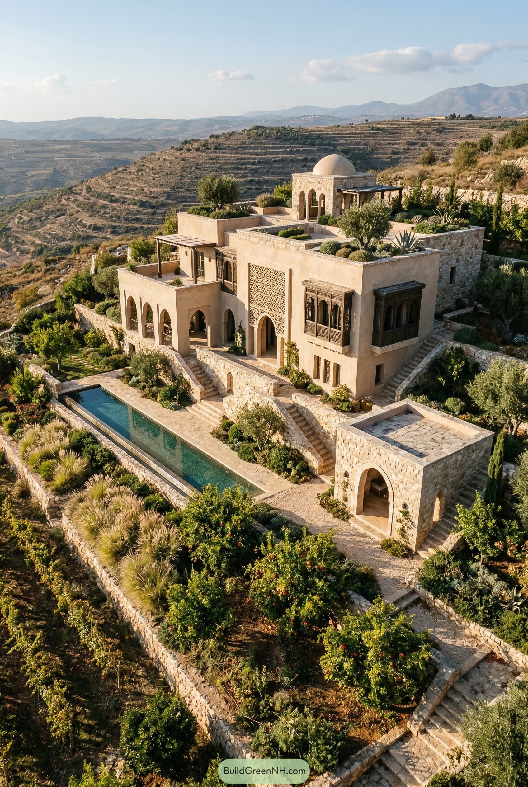 Terraced hillside villa with dome and pool