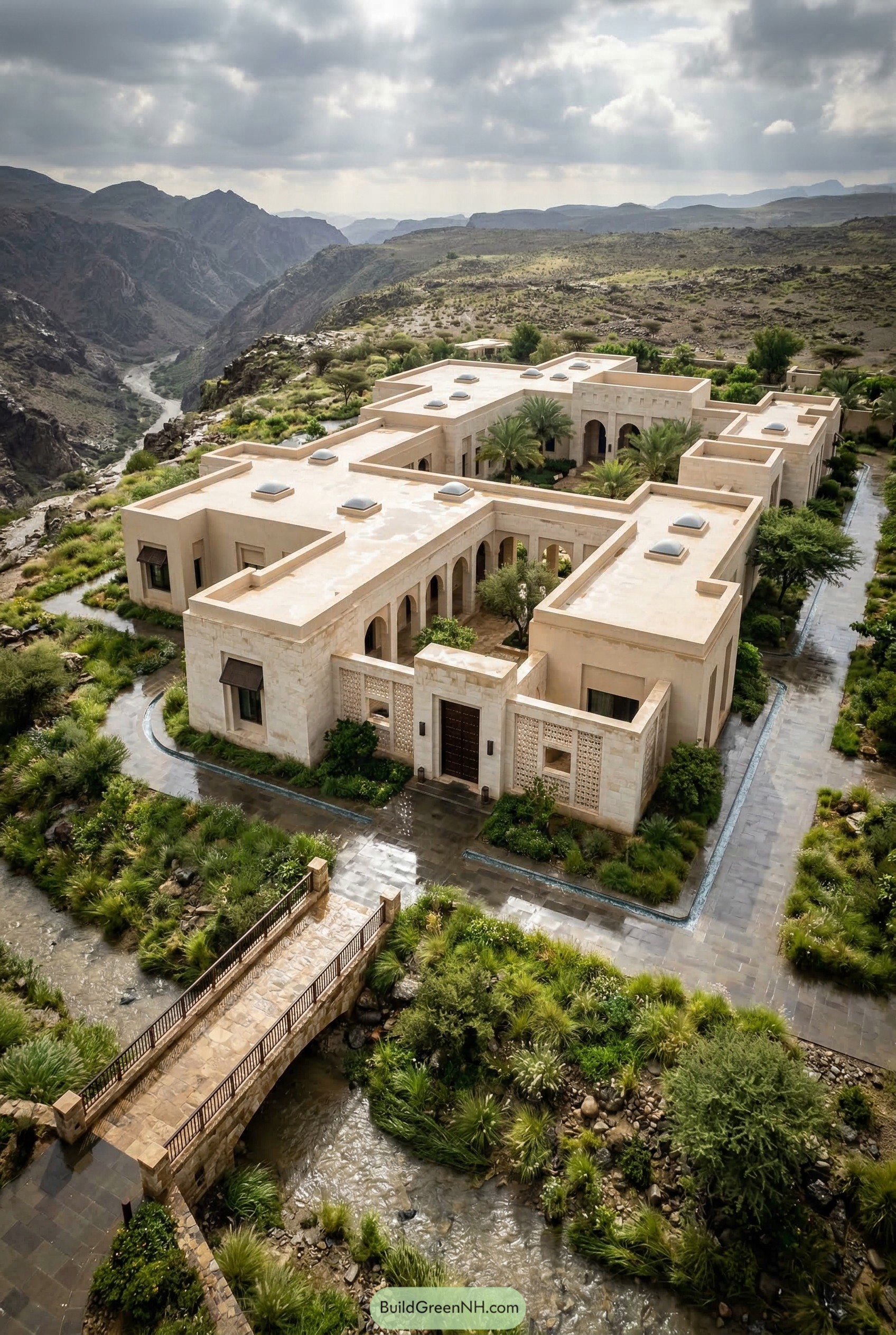 Stone courtyard house beside a mountain stream