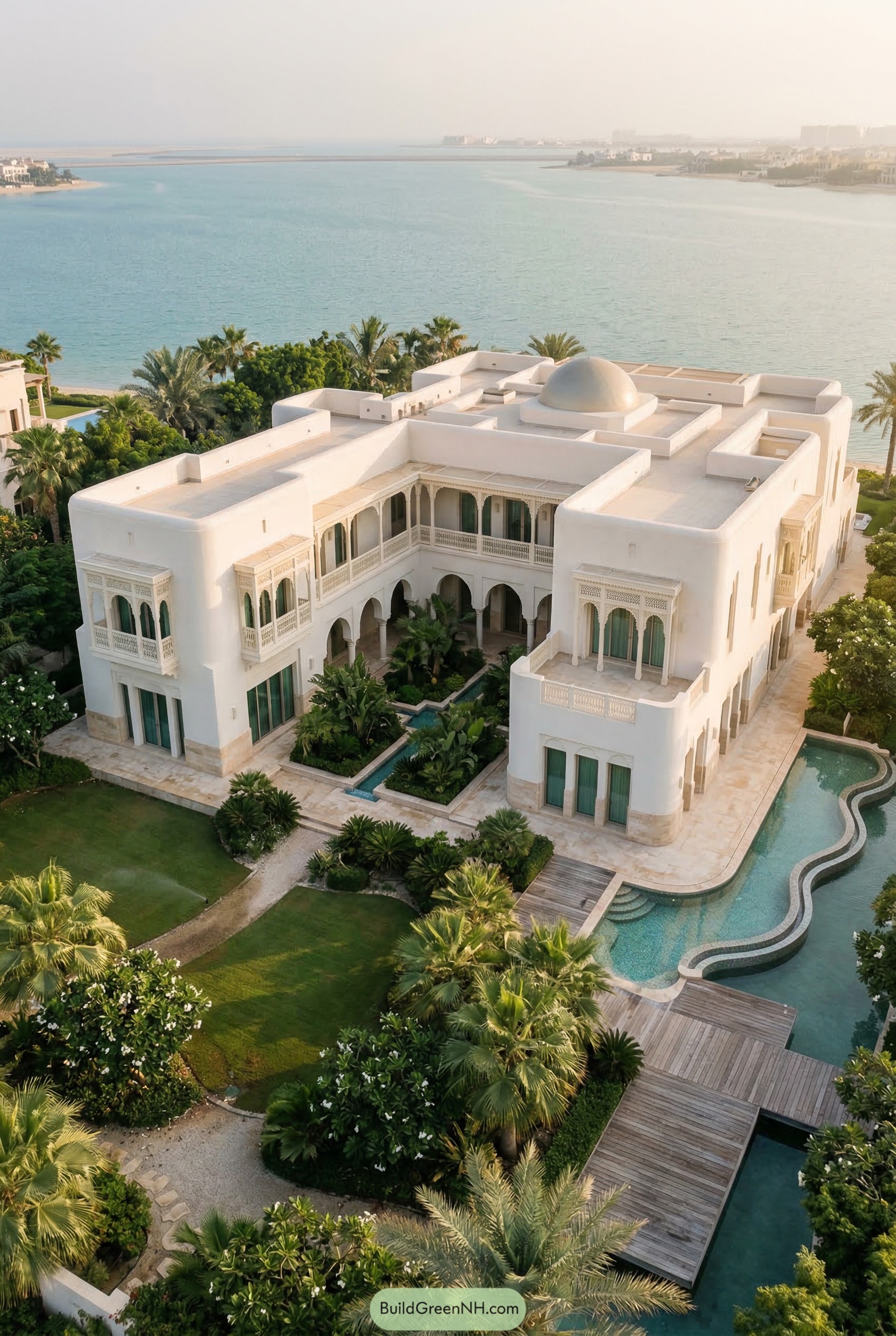 White waterfront villa with courtyard and pool