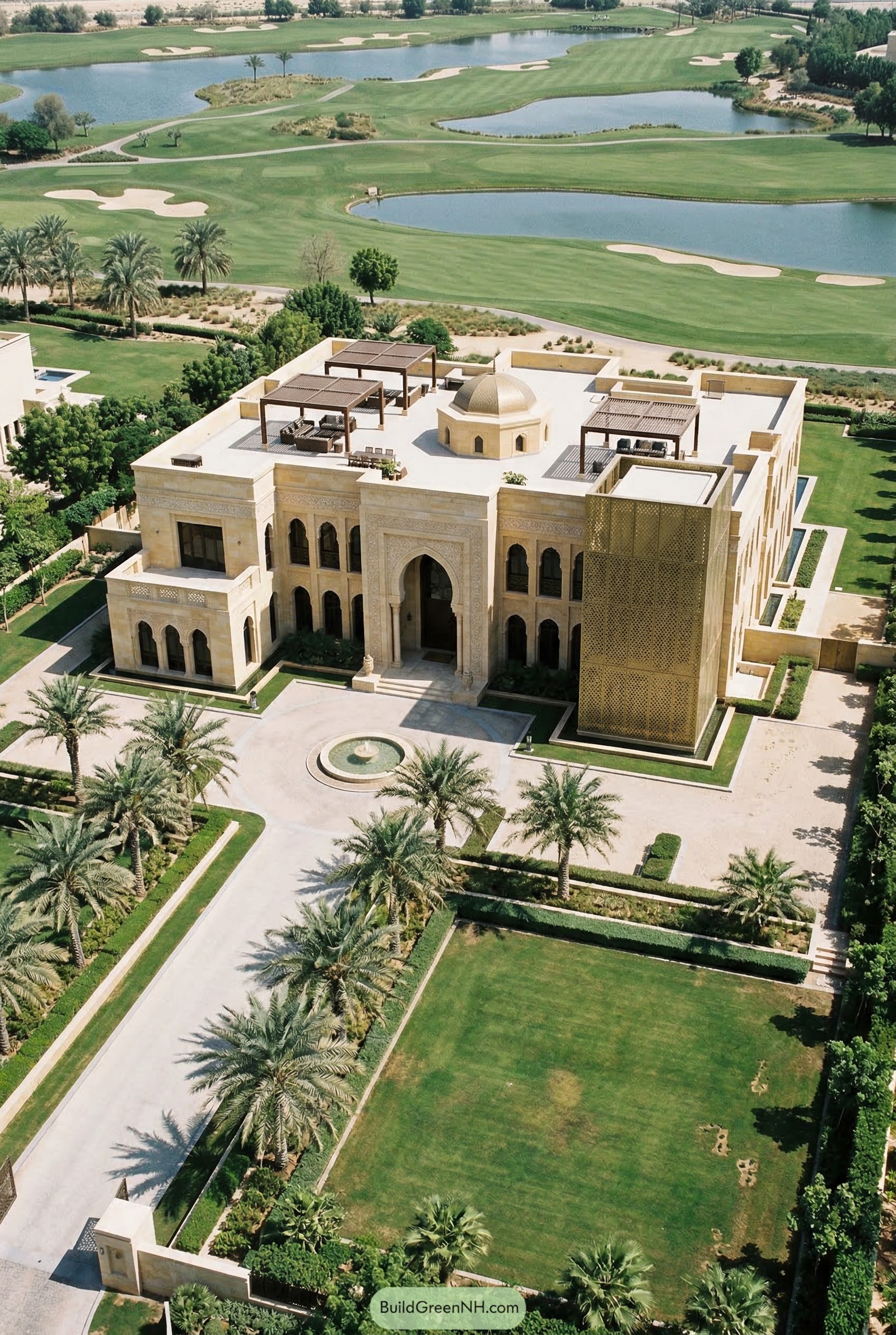Grand Arabic estate with dome and palm-lined grounds