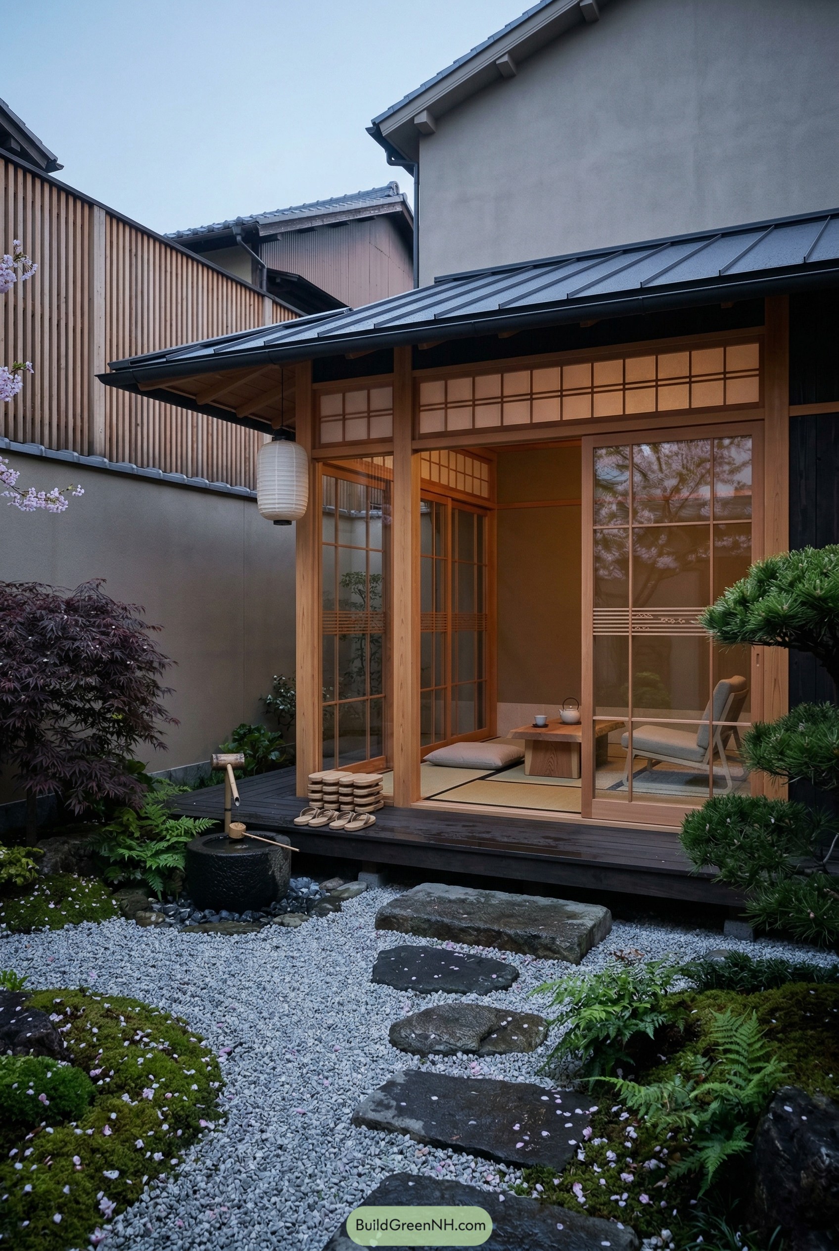 Japanese style cabana with shoji screens and gravel garden