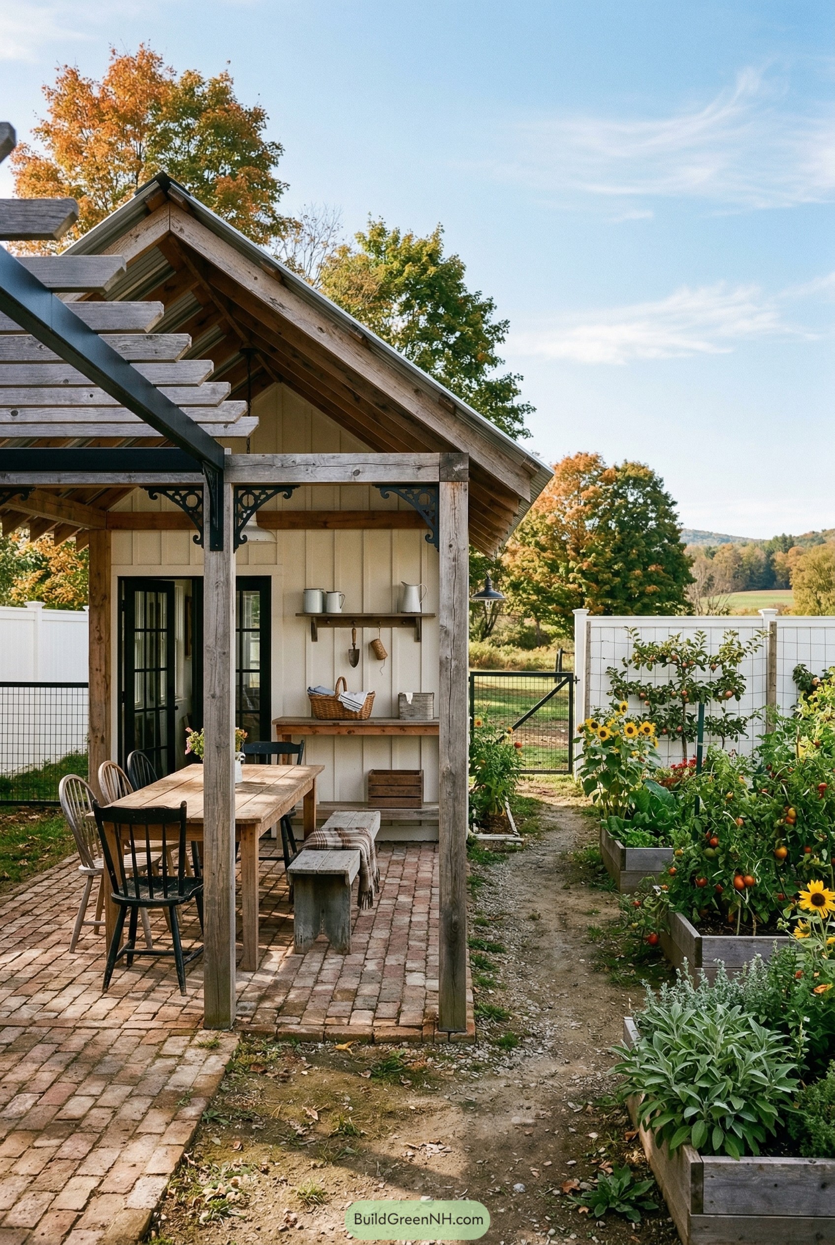 Rustic pergola cabana beside raised garden beds