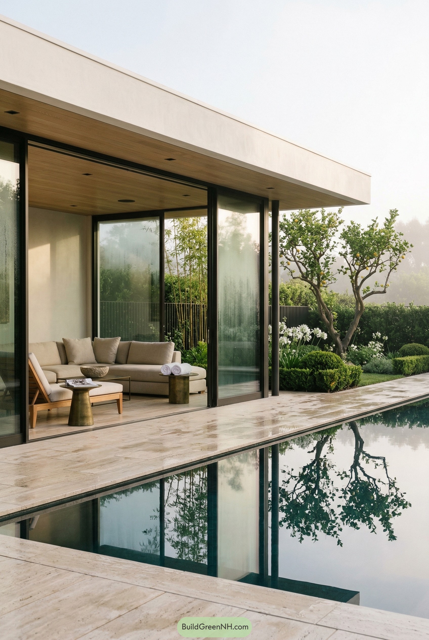 Modern glass cabana beside a reflecting pool