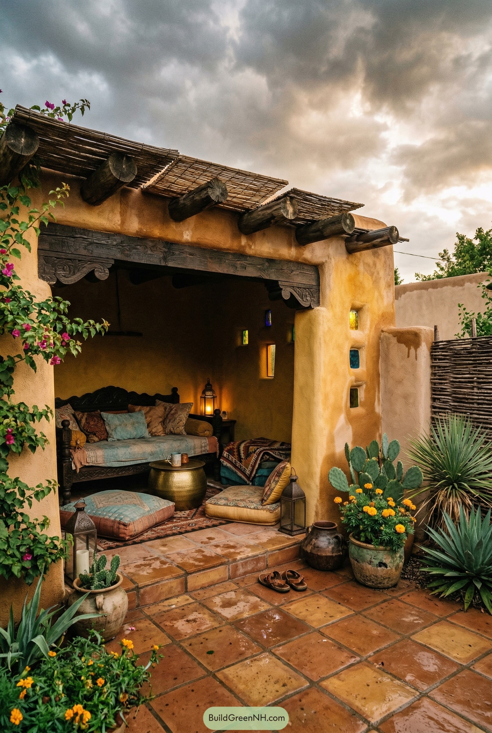 Adobe cabana with daybed terracotta patio and cacti