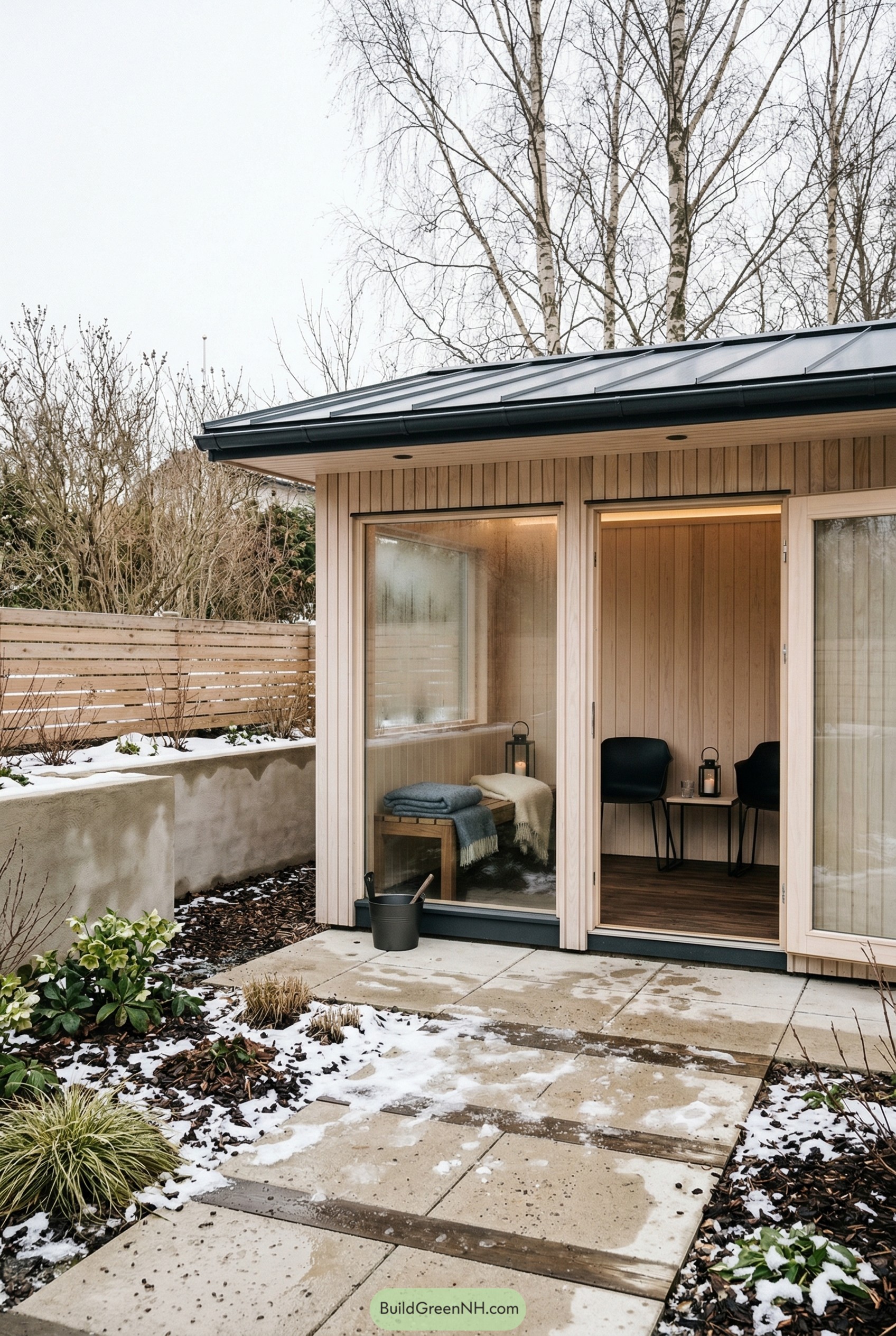Modern pale wood sauna cabana in a snowy yard