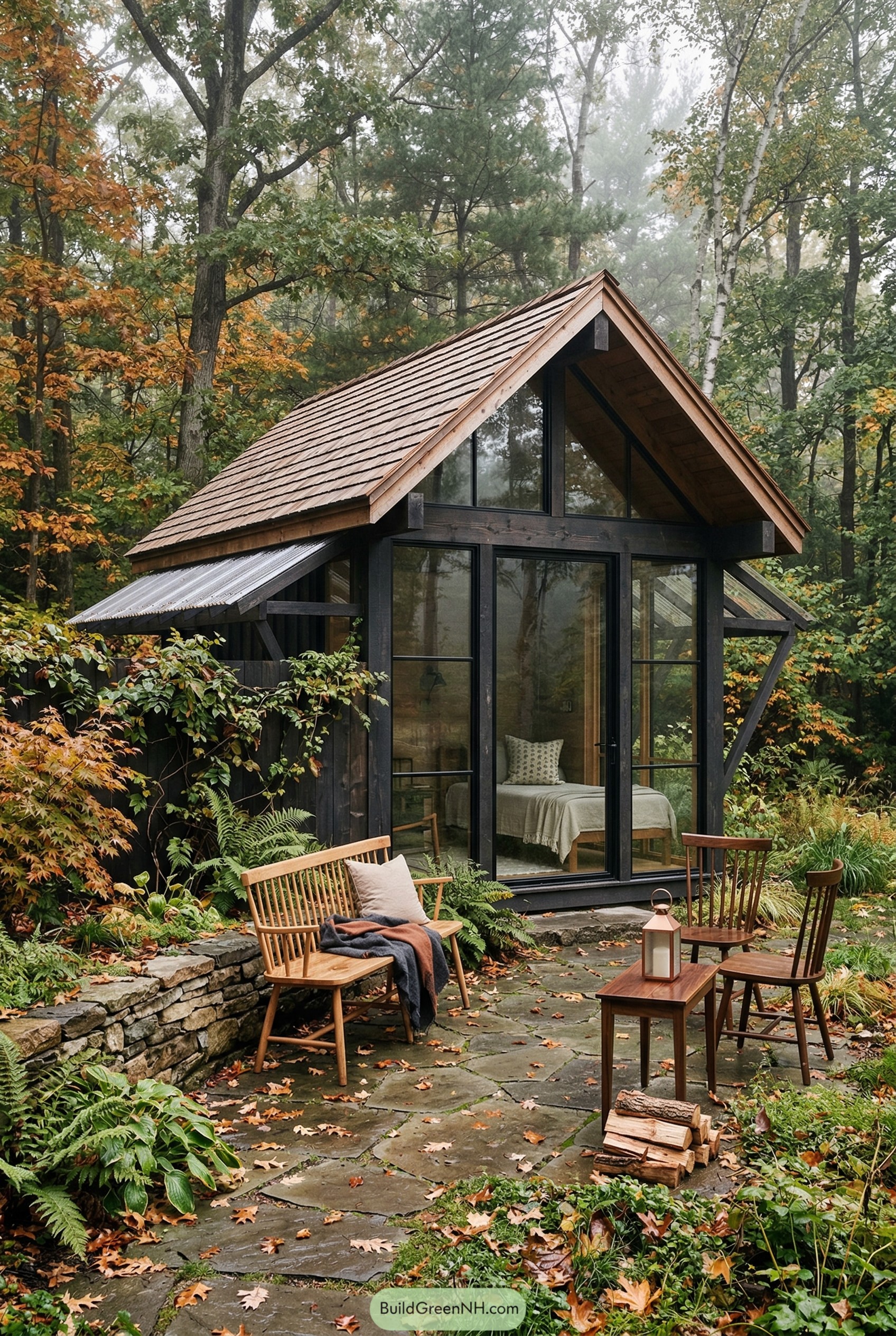 Black framed cabana with glass front in woodland garden