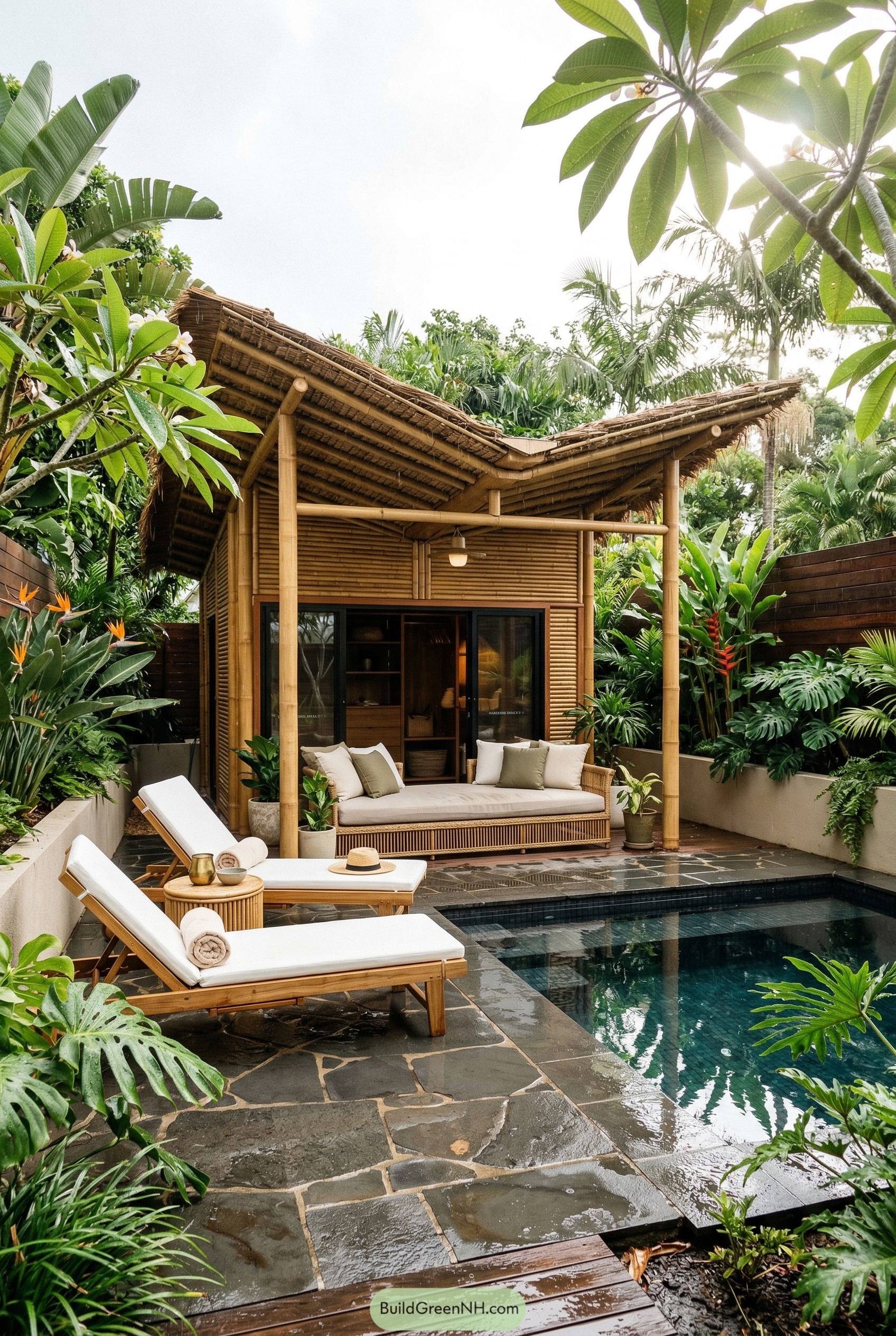 Bamboo cabana beside a plunge pool
