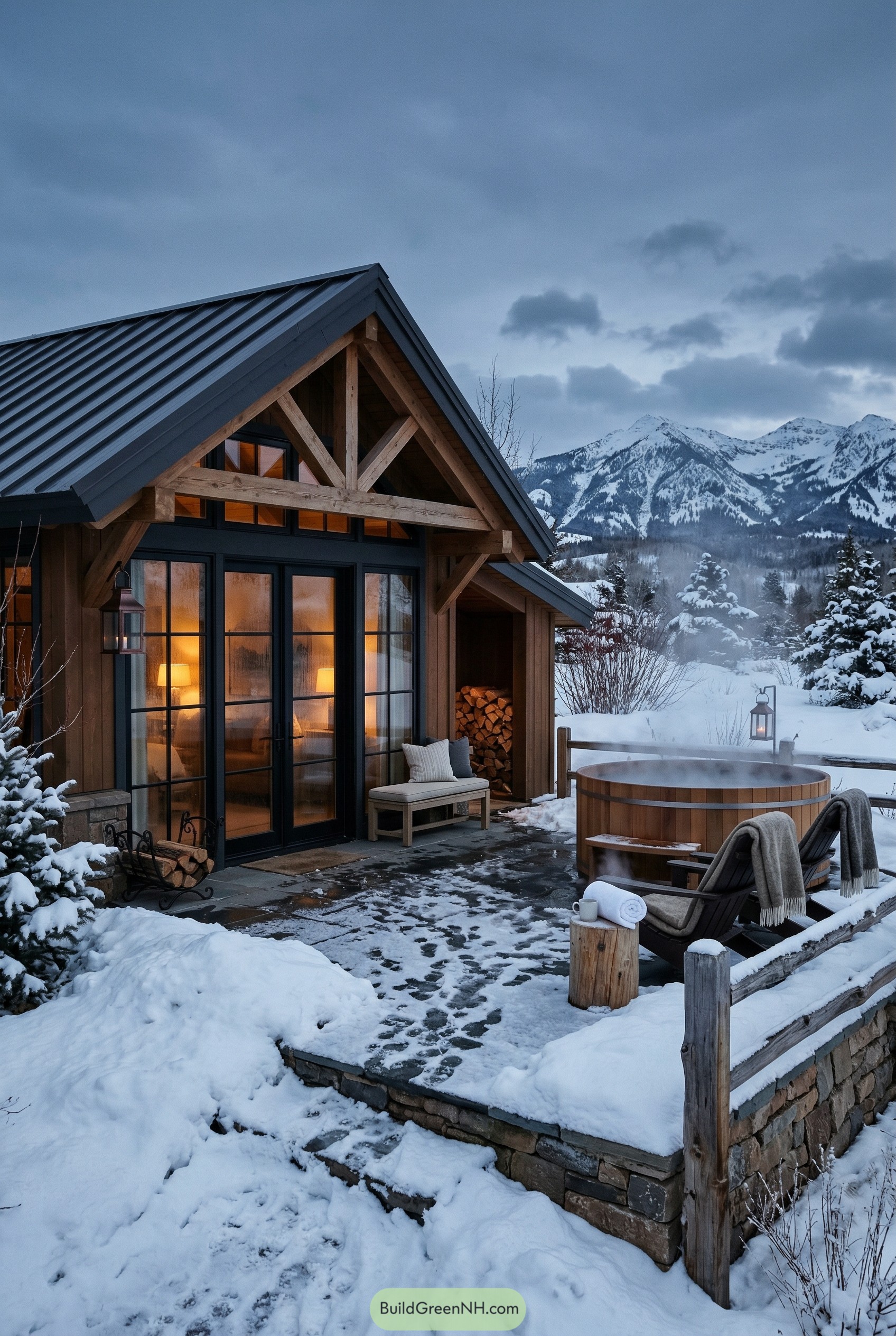 Rustic alpine cabana with steaming hot tub