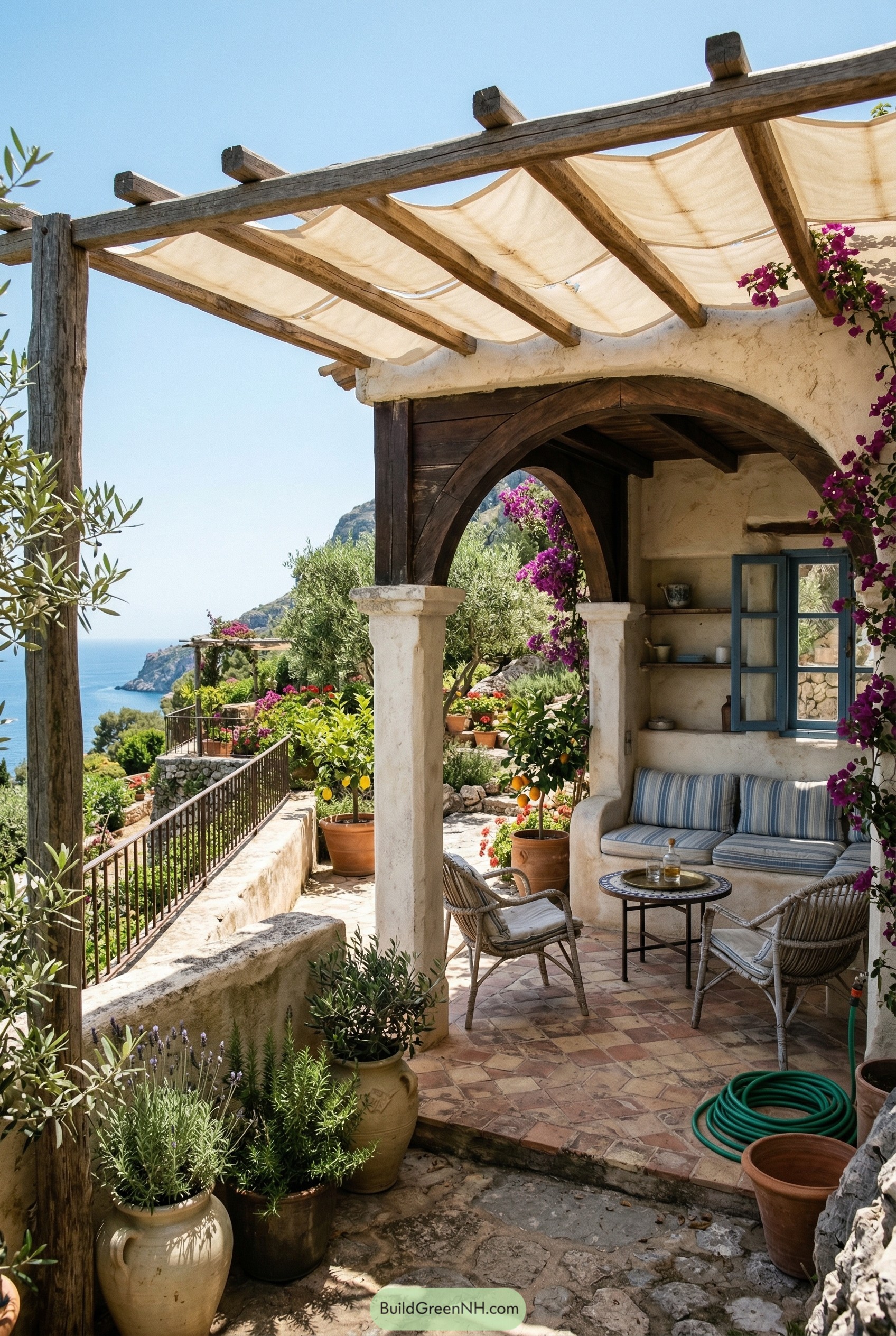 Mediterranean cabana with pergola overlooking the sea