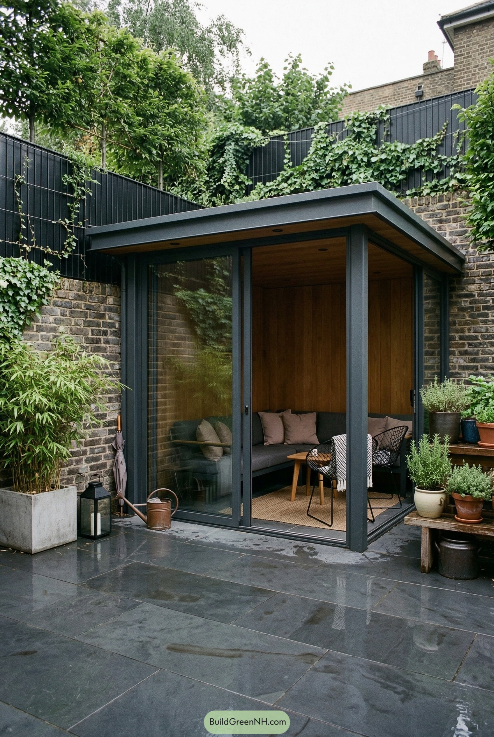 Modern glass cabana with wood interior