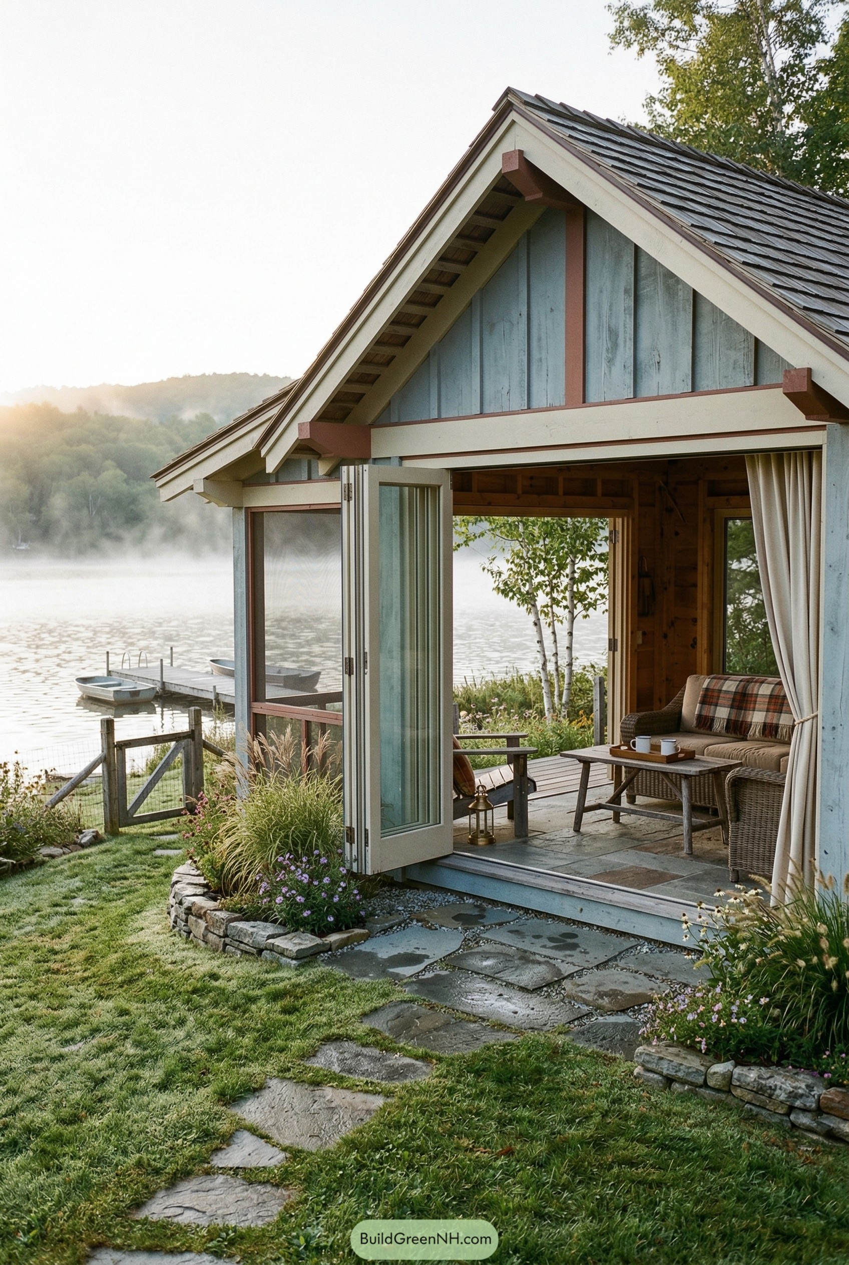 Blue gabled cabana beside a misty lake
