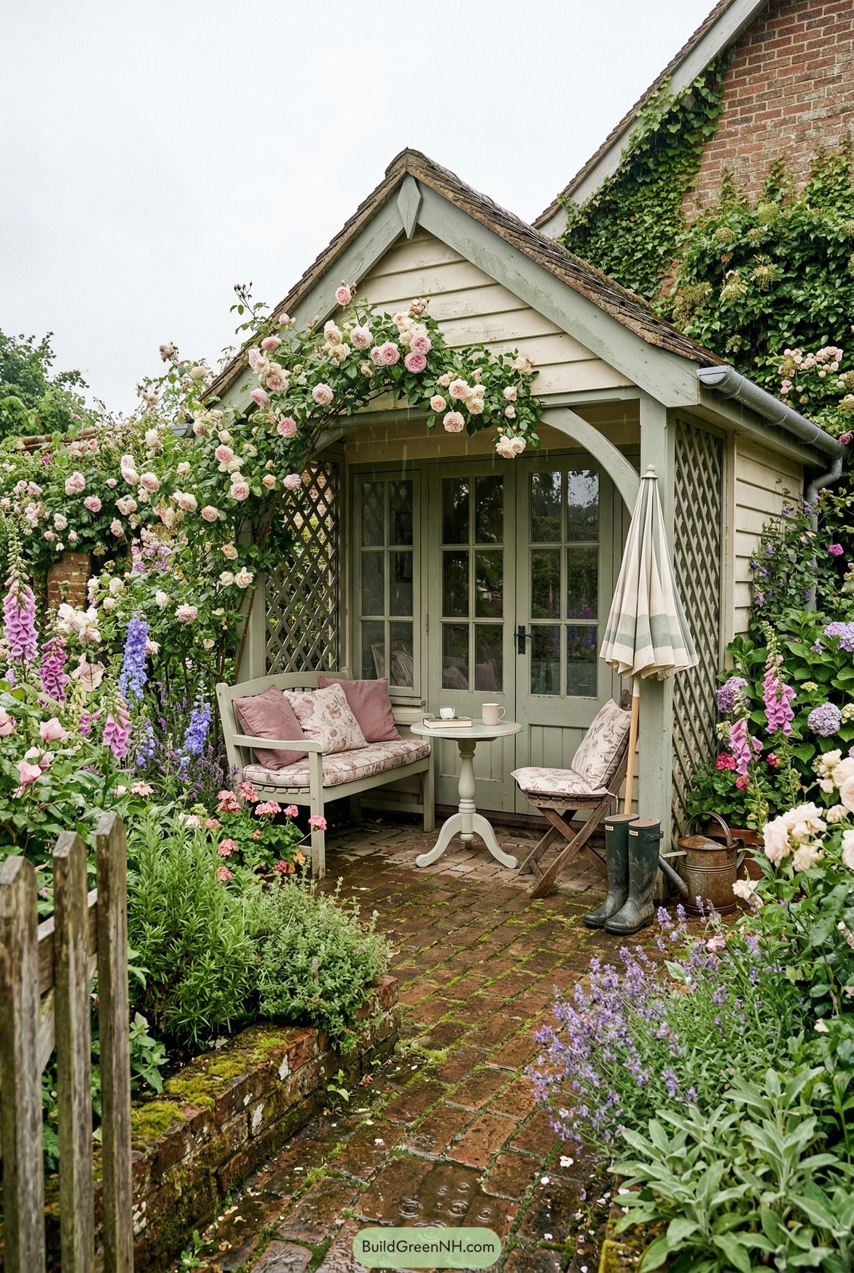 Rose covered garden cabana with brick path