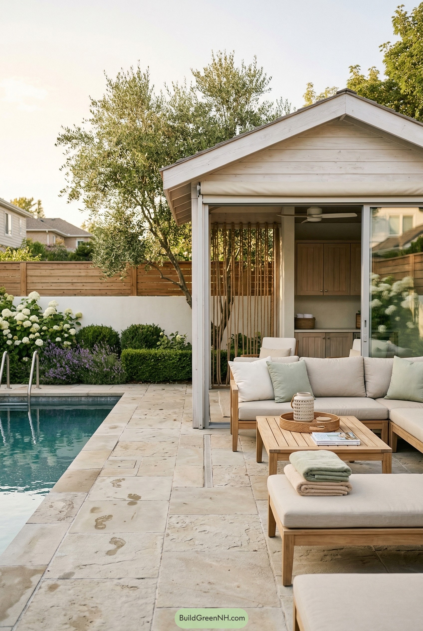 White gabled cabana beside a pool