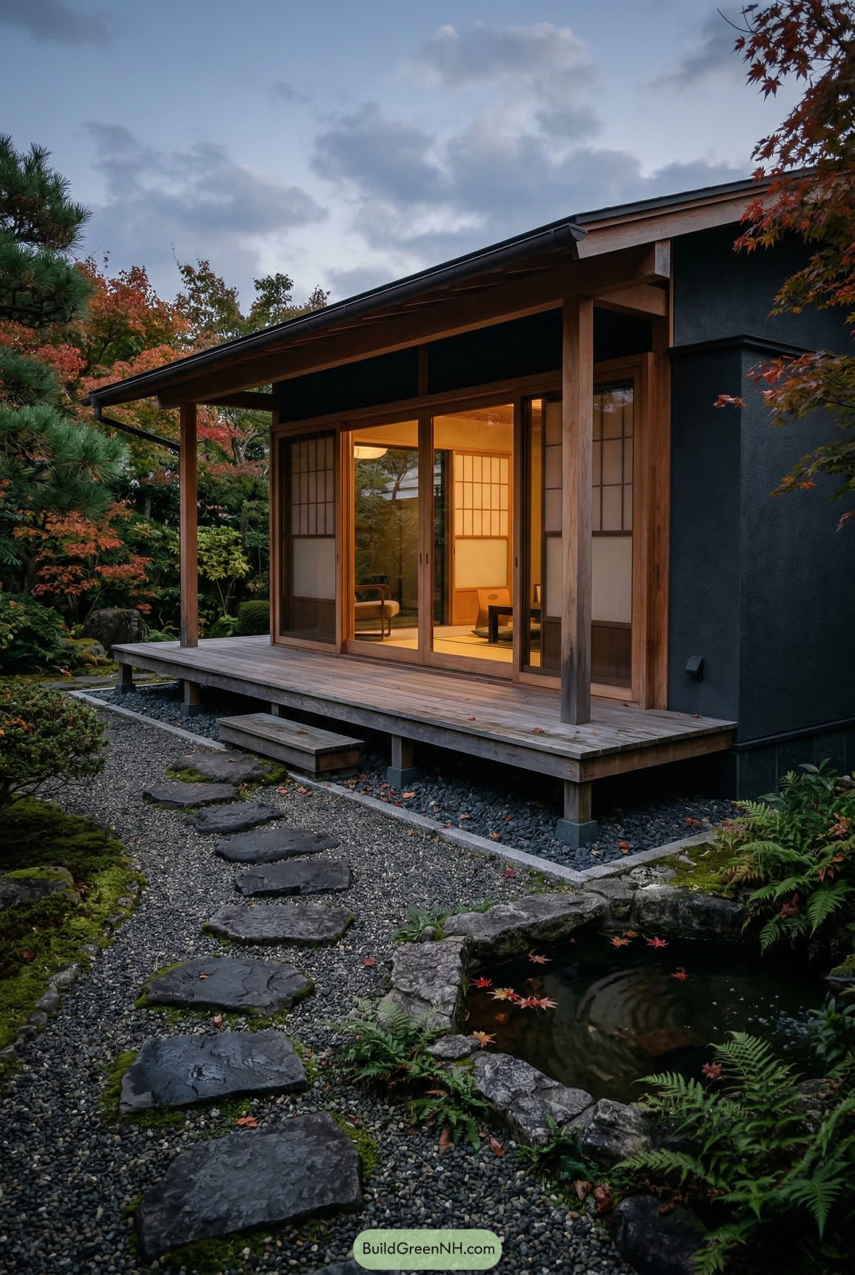 Japanese style guest house with veranda by a pond