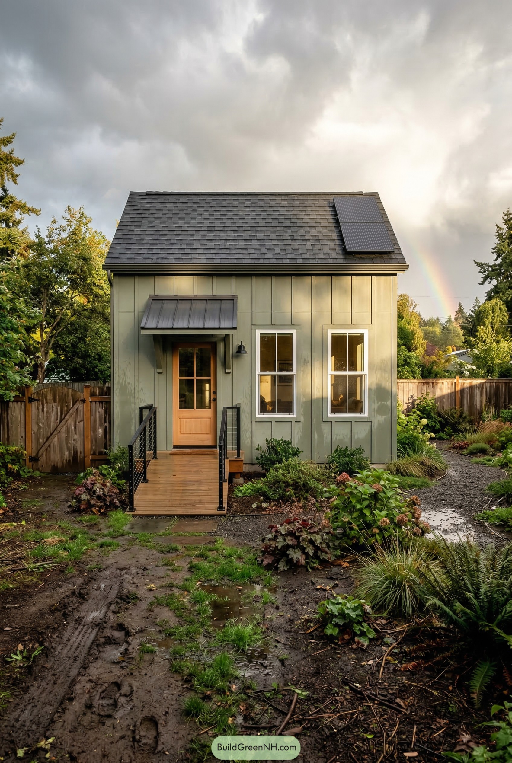 Small sage green guest house with steep roof solar panel and front entry deck