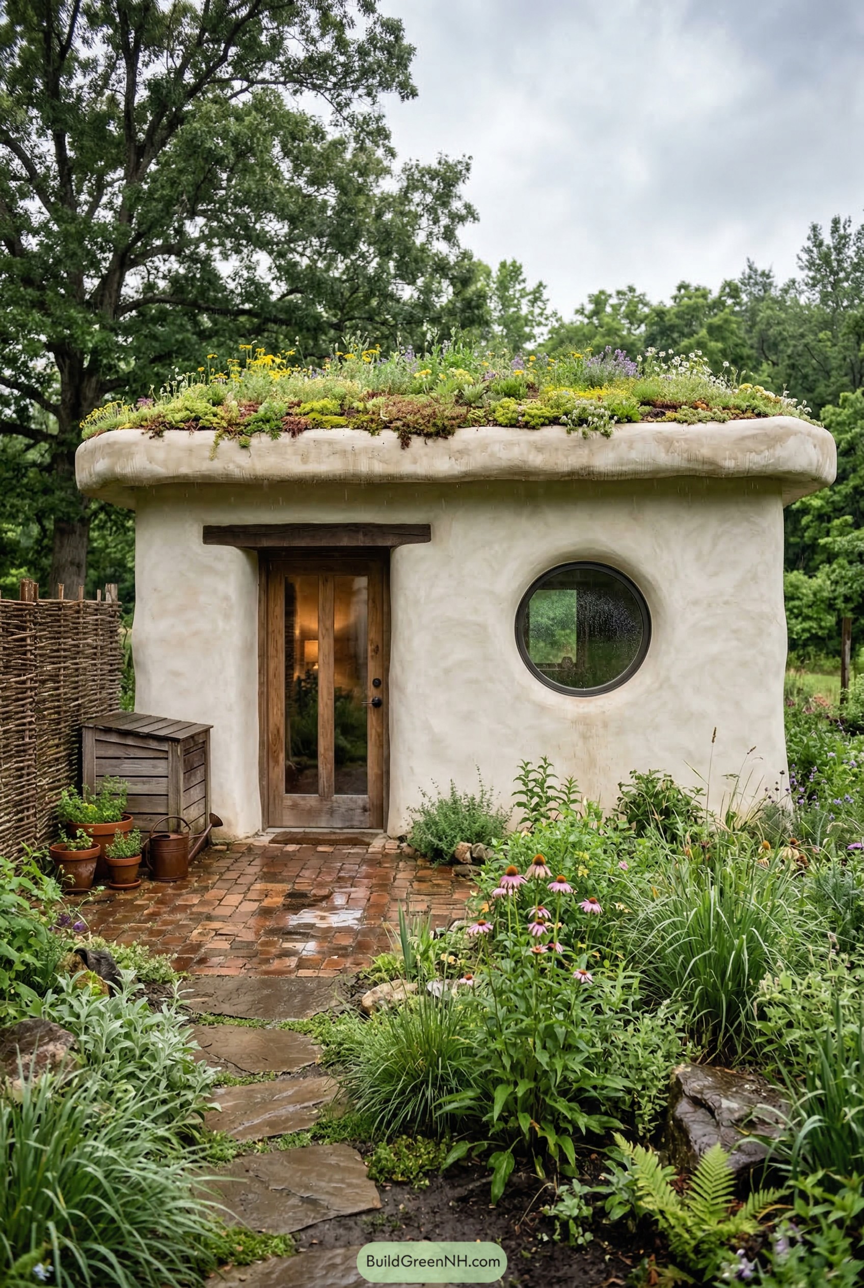 Rounded plaster guest house with green roof and circular window