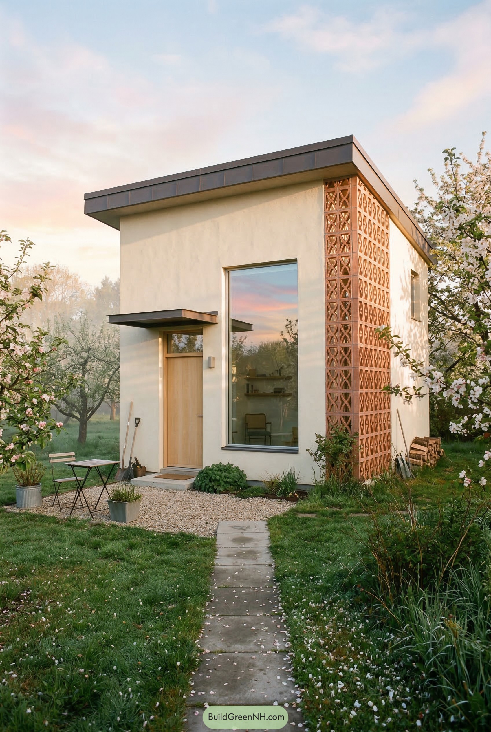 Modern stucco guest house with terracotta screen wall