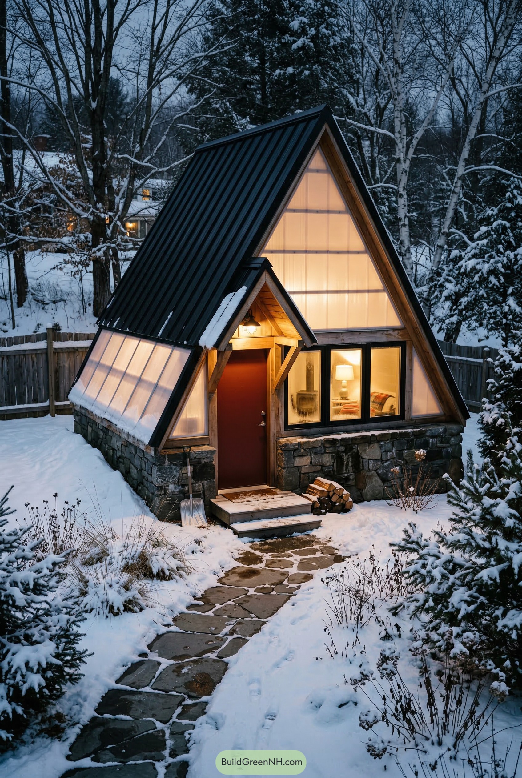 A-frame guest house with glowing translucent gable in snow