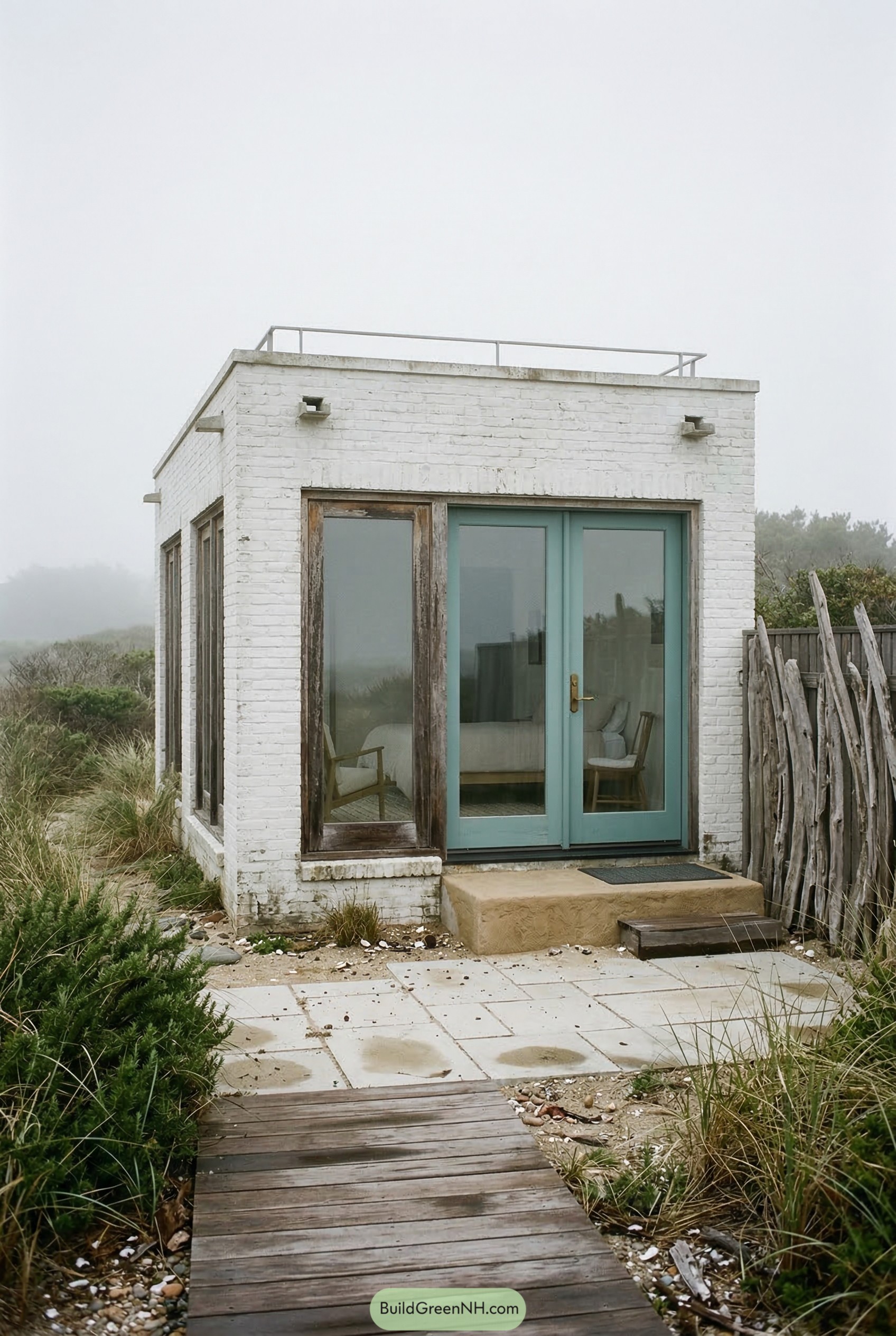 White brick guest house with blue glass doors