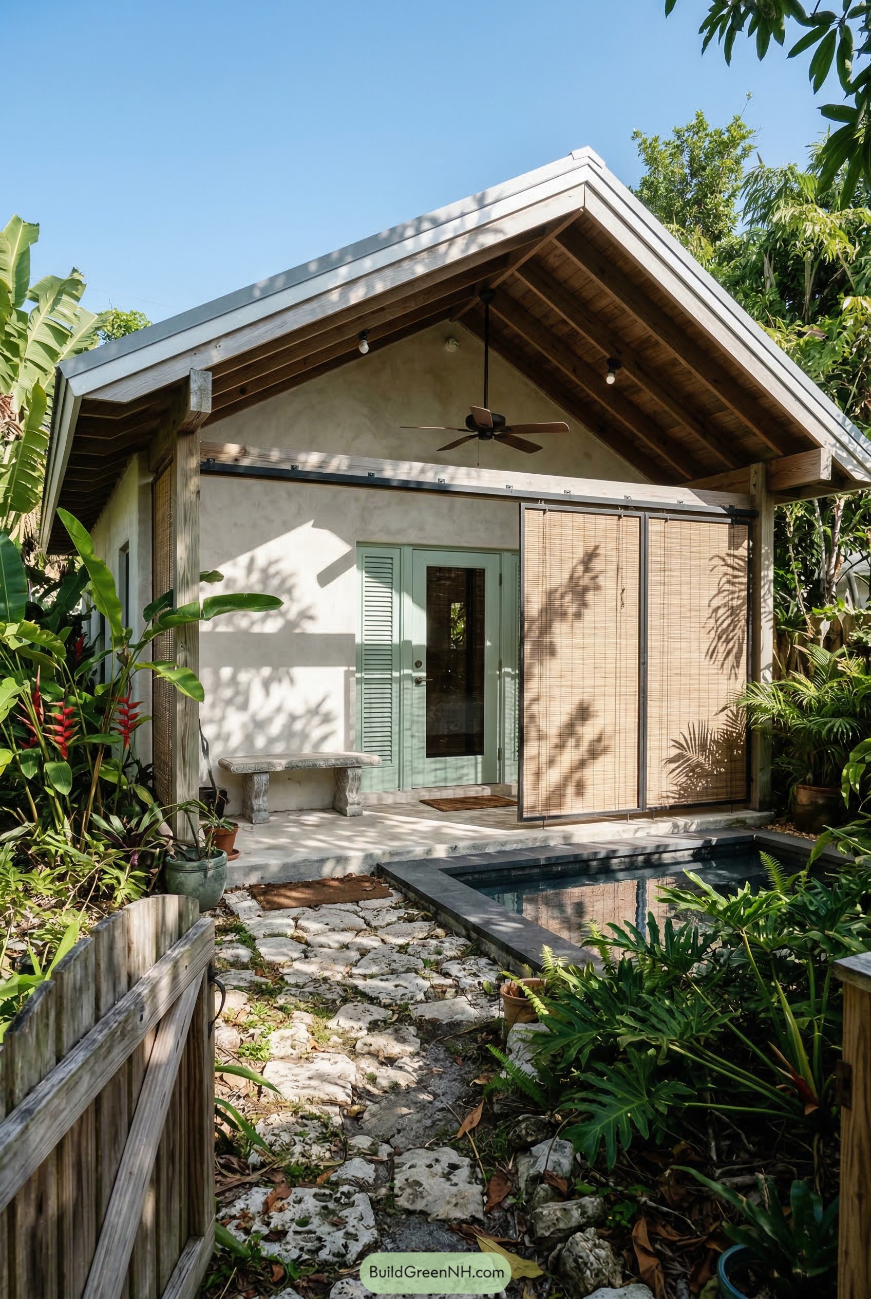 Tropical guest house with bamboo screens and plunge pool