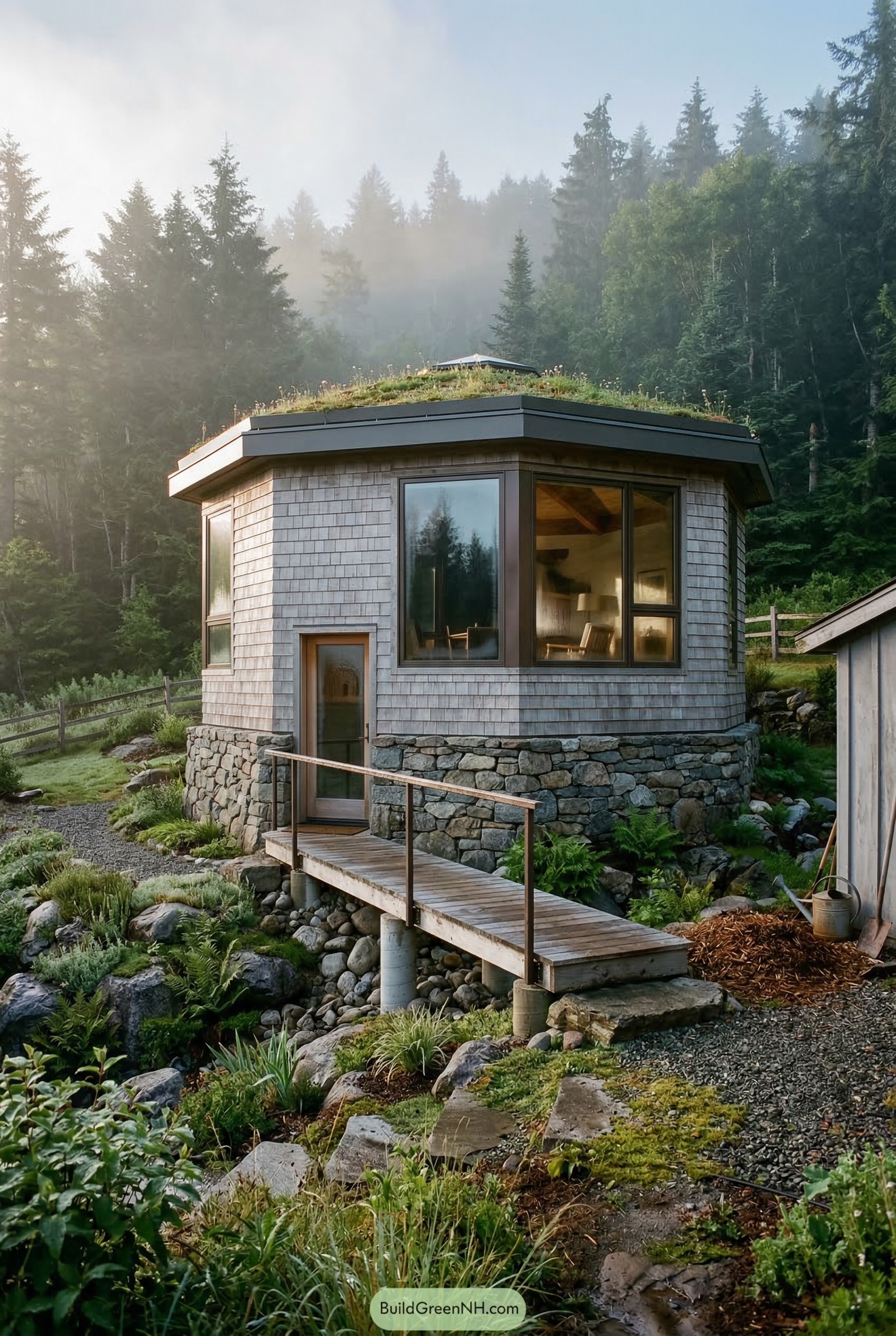Octagonal cedar guest house with green roof and stone base
