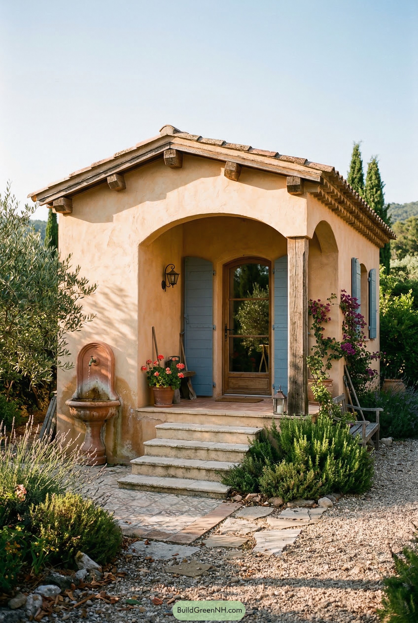 Small stucco casita with blue shutters and arched porch