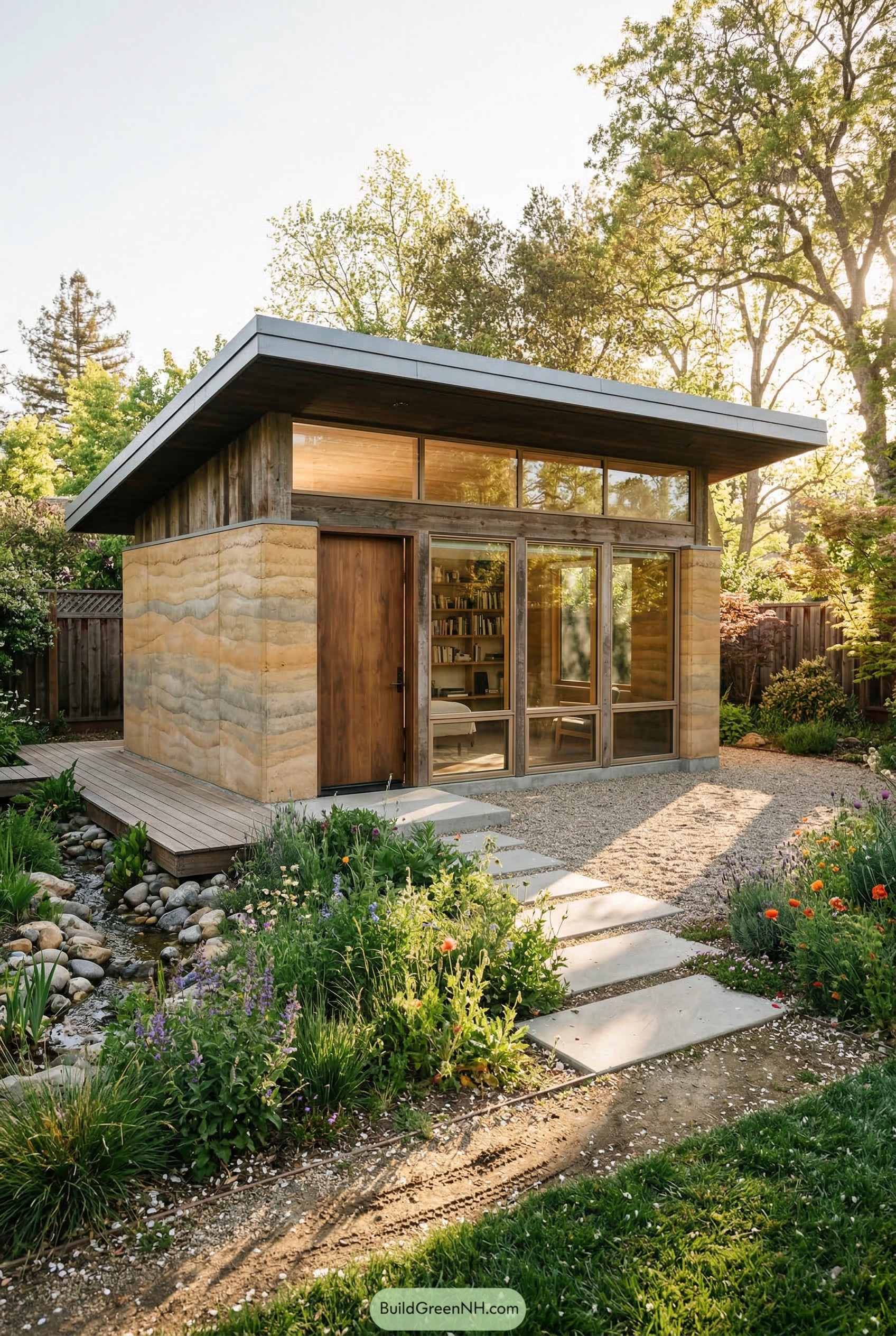 Modern guest house with rammed earth walls and a sloped roof in a lush backyard garden