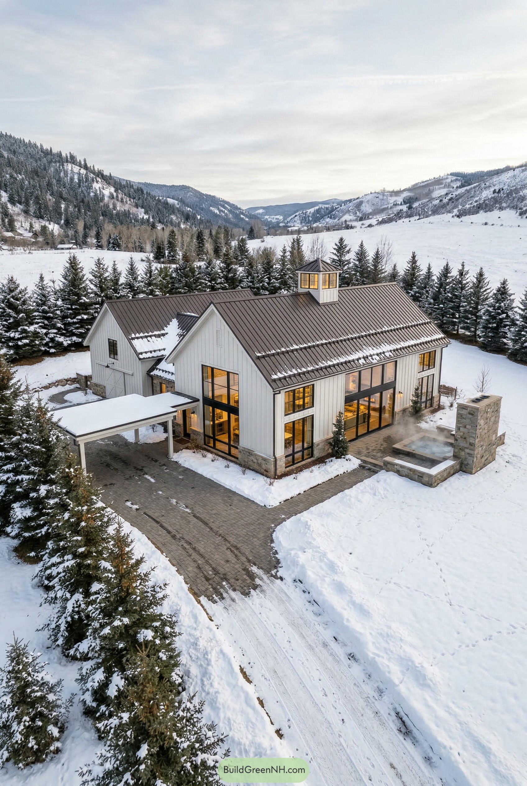 White barndominium with dark roof in snow