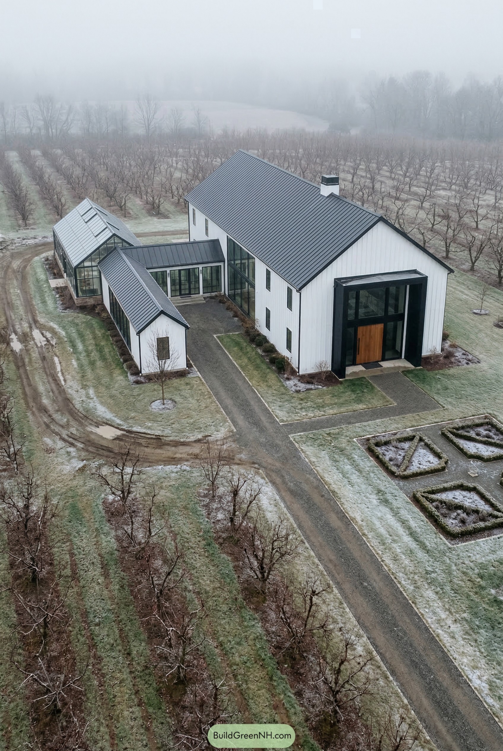 White barndominium with black roof in orchard