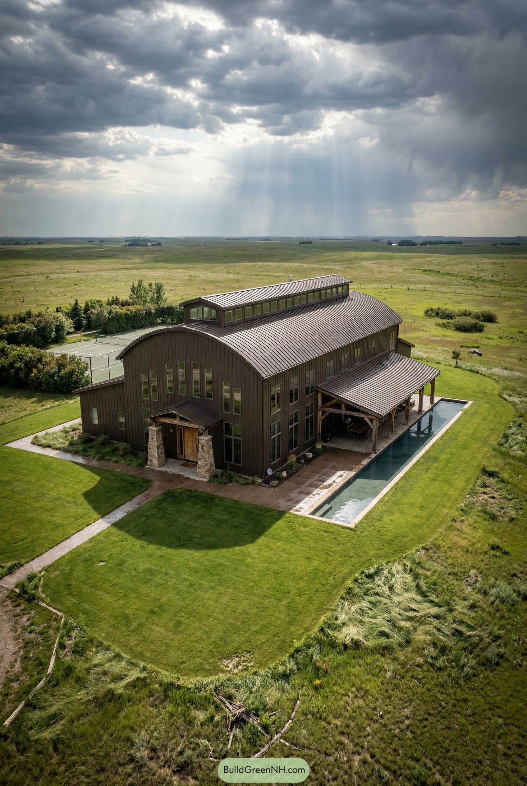 Dark metal barndominium with arched roof and long lap pool on open prairie