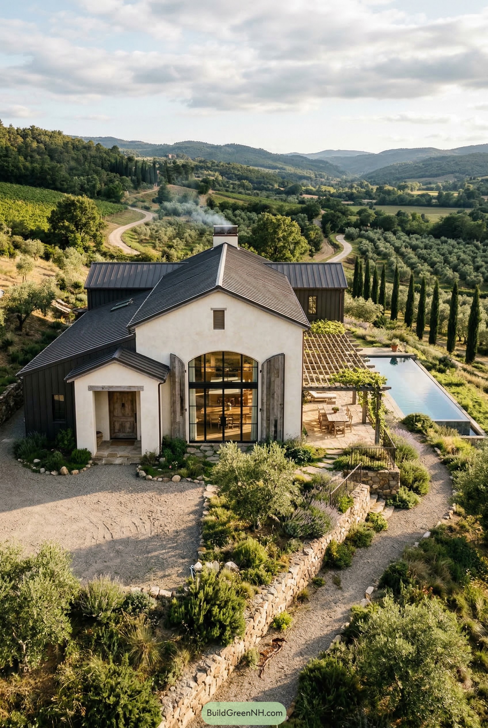 White stucco barndominium with pergola and lap pool