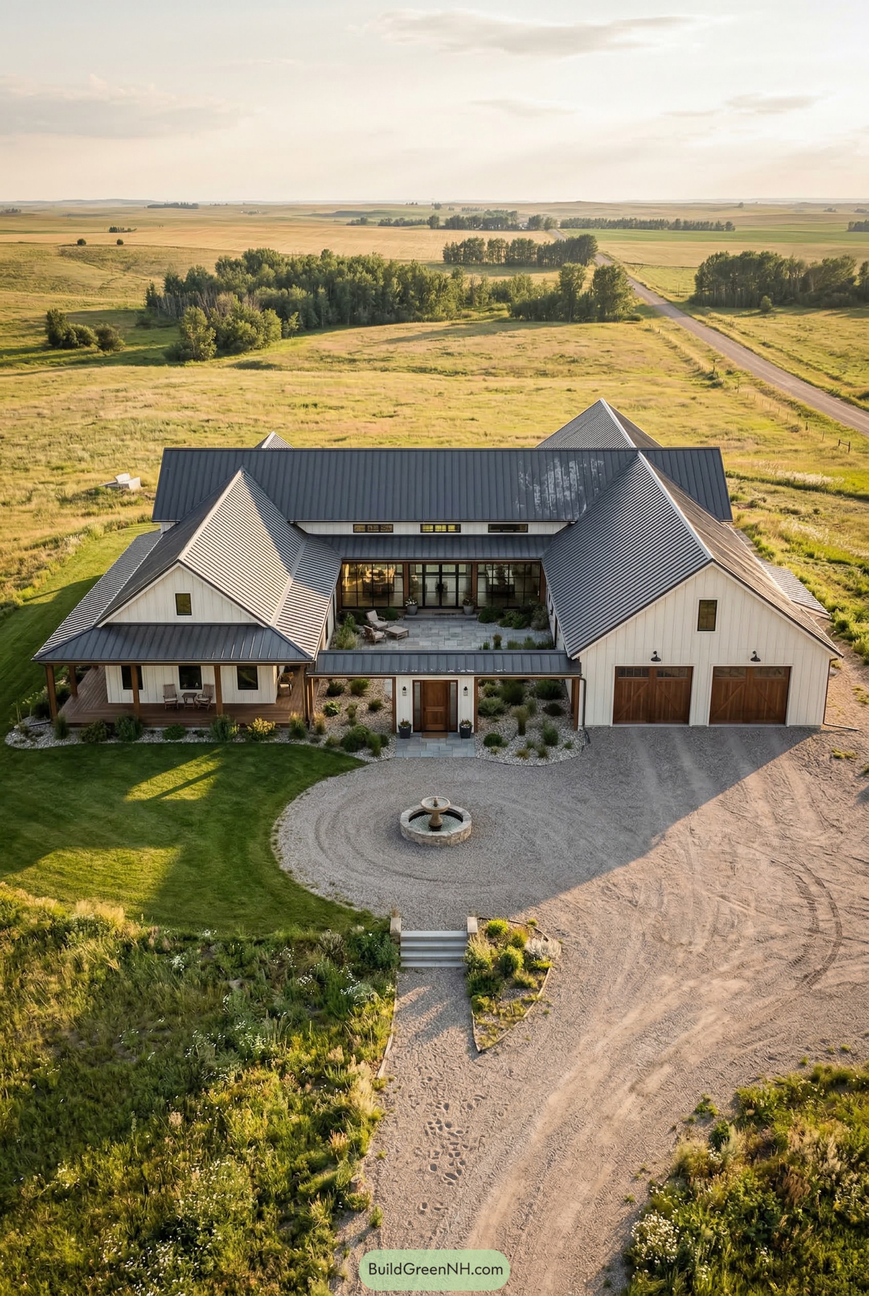 Aerial view of a white barndominium with black roof and circular drive