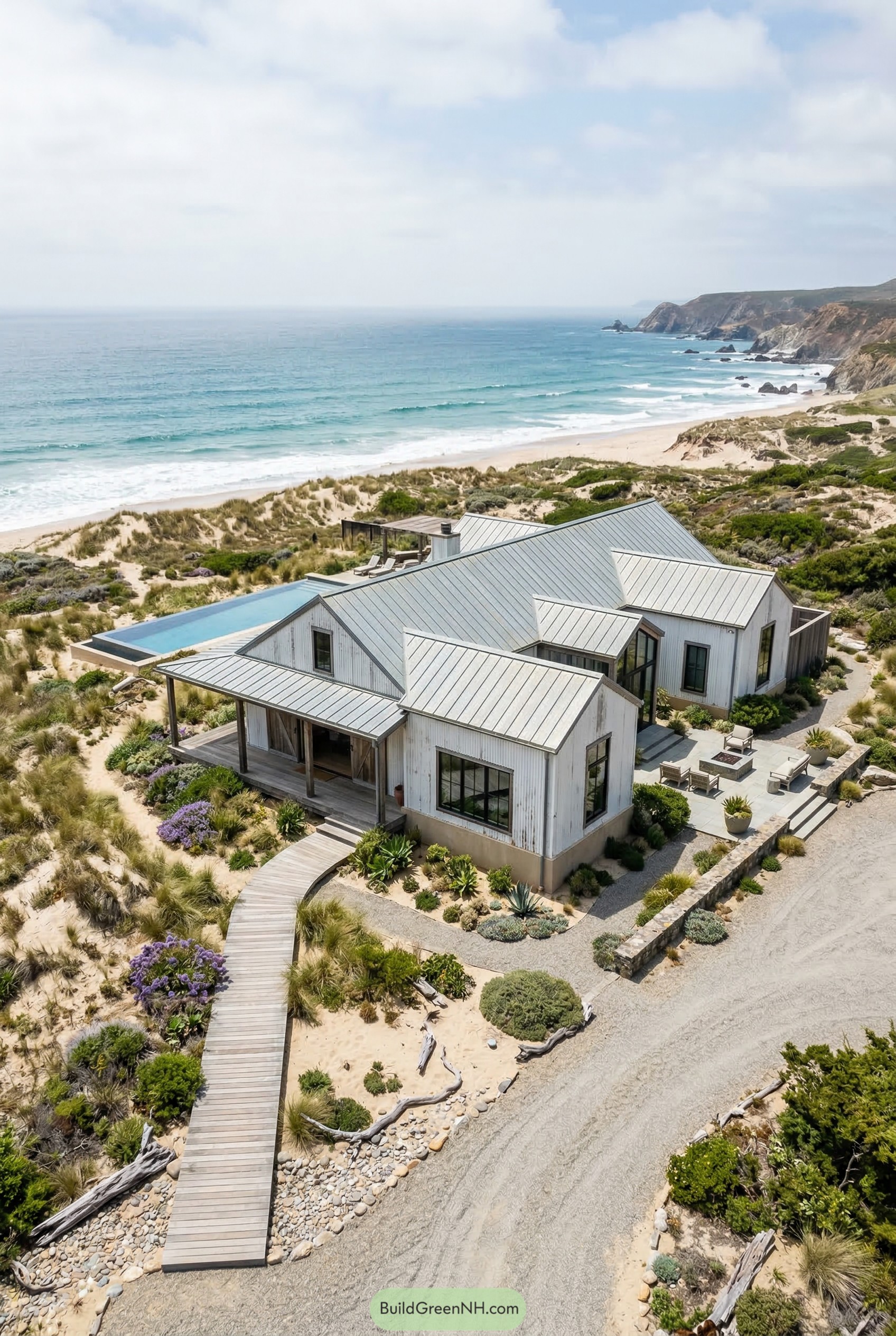 White coastal barndominium beside dunes and beach