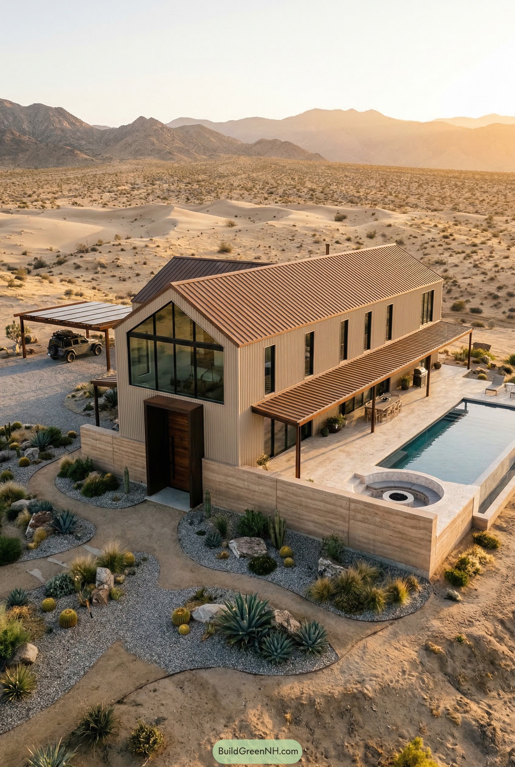 Modern desert barndominium with pool courtyard