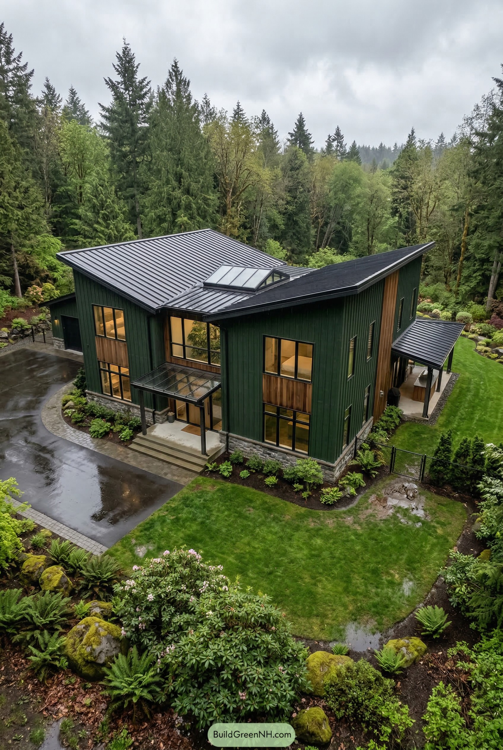 Modern green barndominium with angled black roof in forest