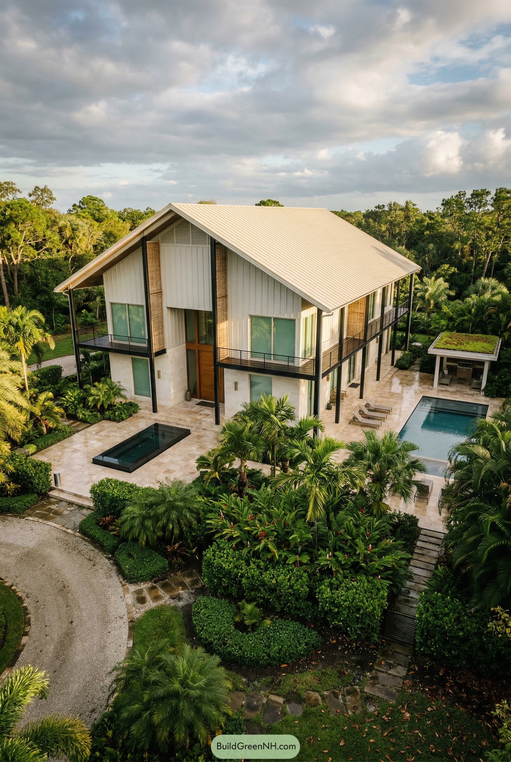 Tropical barndominium with wraparound balcony and pool