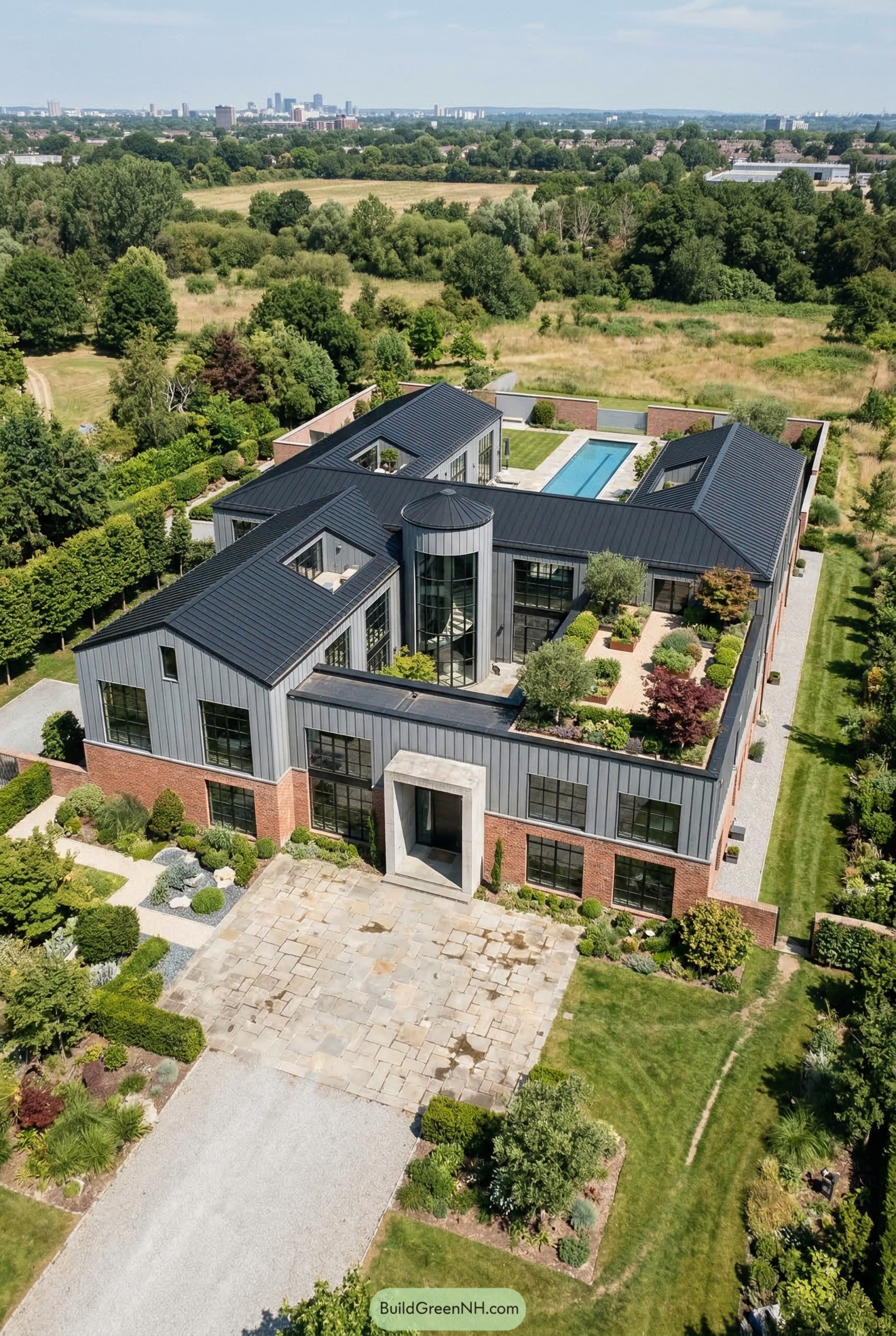 Large courtyard barndominium with pool and glass tower