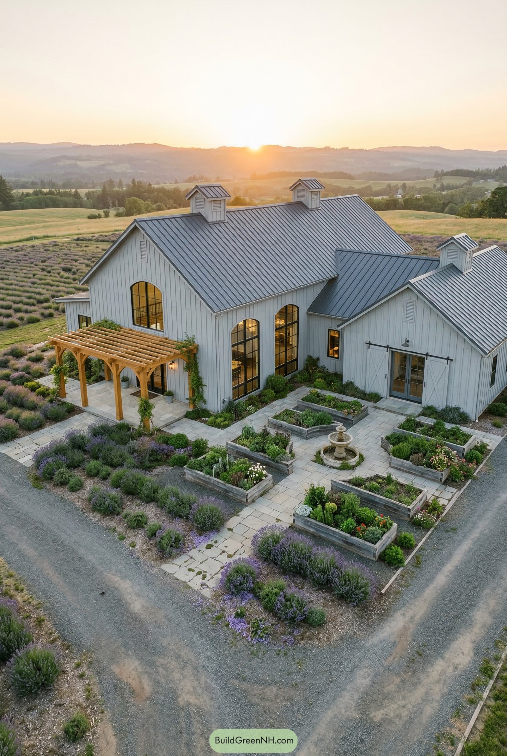 White barndominium with pergola courtyard and fountain