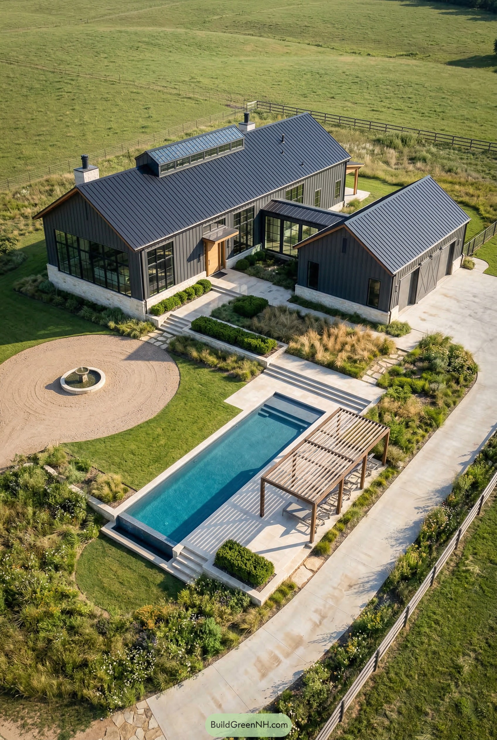 Aerial view of a modern black barndominium with a lap pool