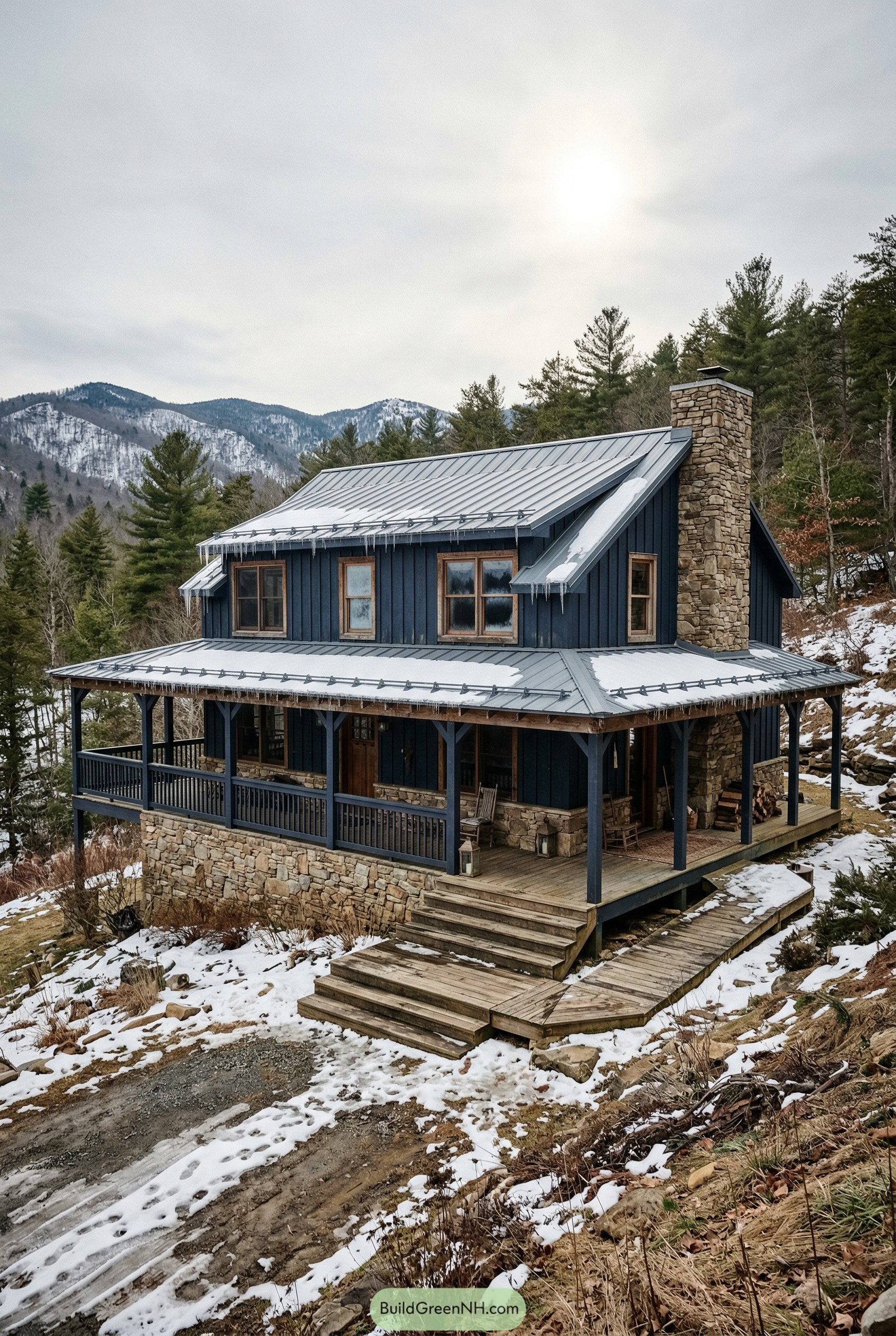 Dark blue mountain barndominium with wraparound porch and stone chimney