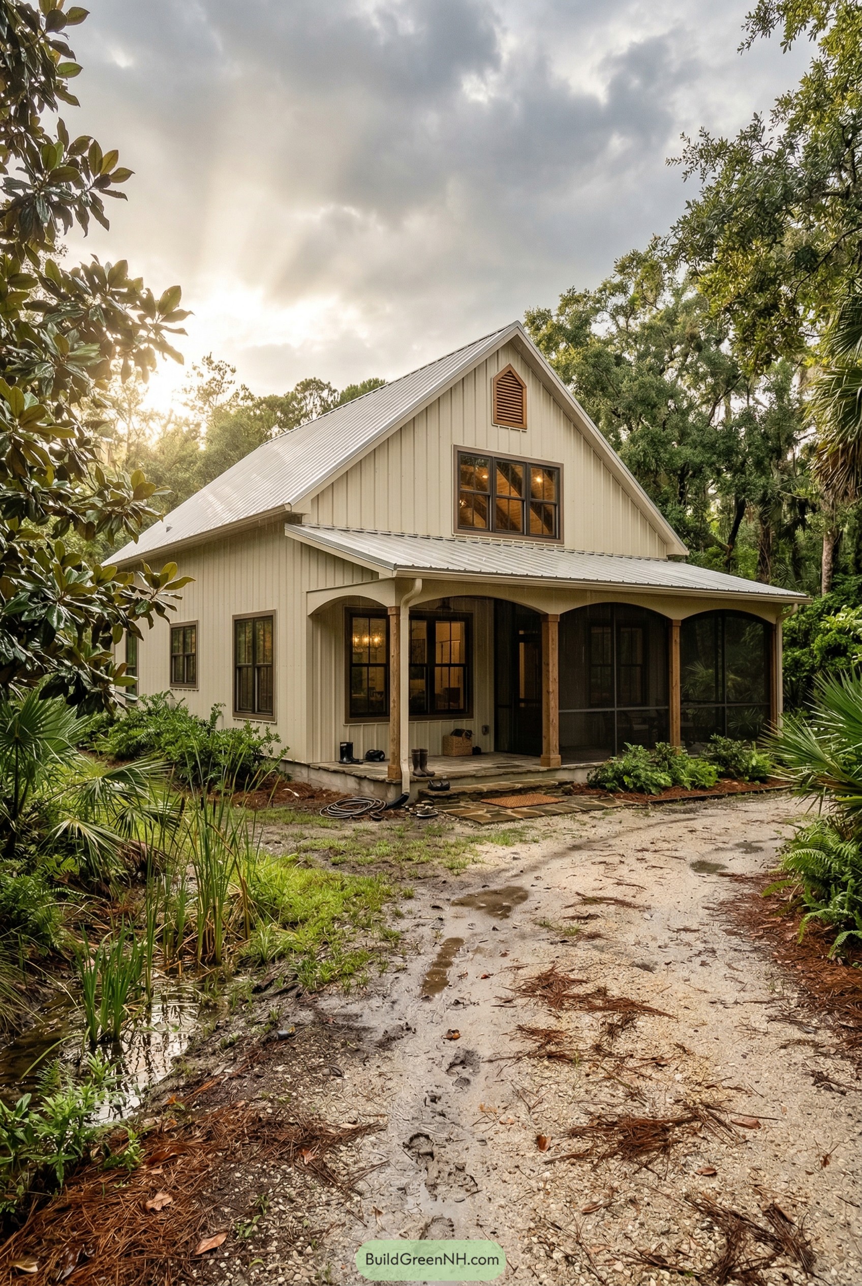 Cream barndominium with screened porch in woods