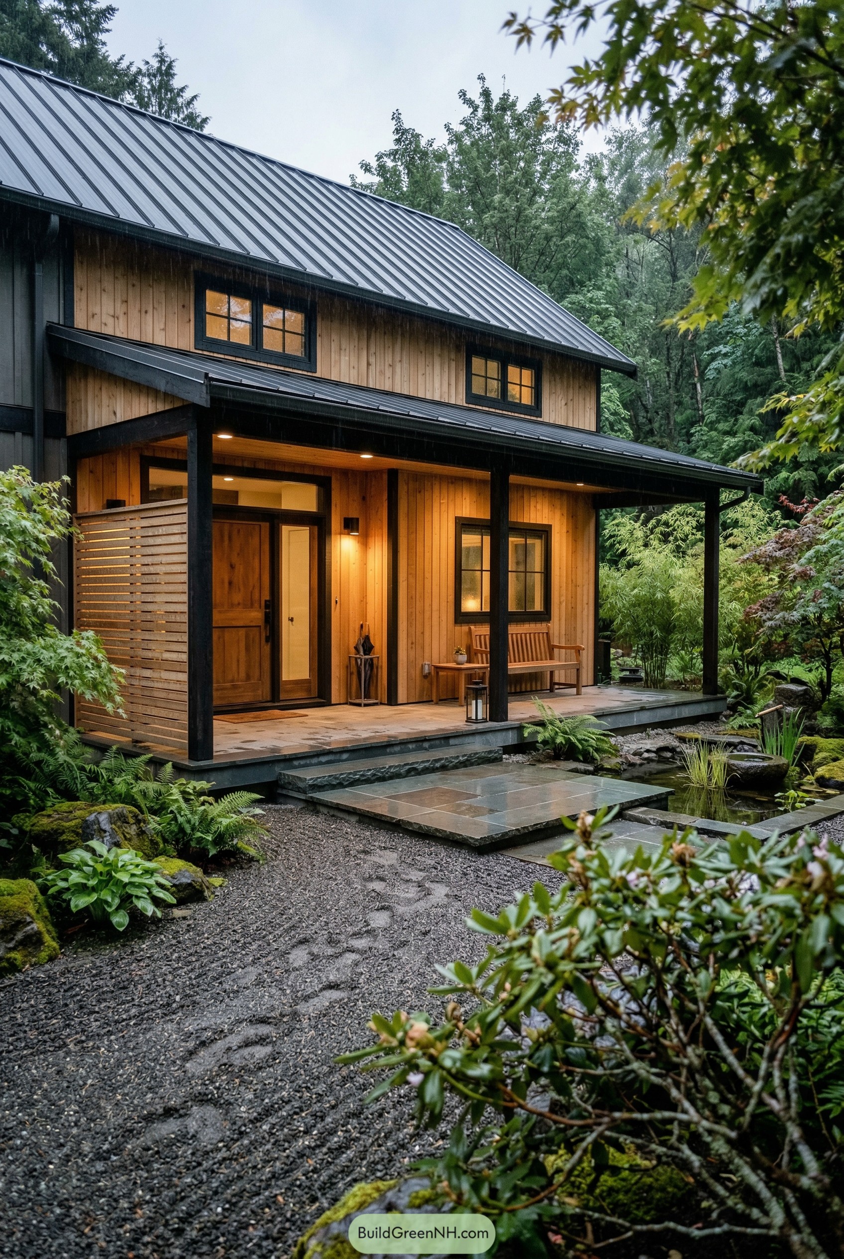 Modern wood barndominium with a deep covered porch and garden pond