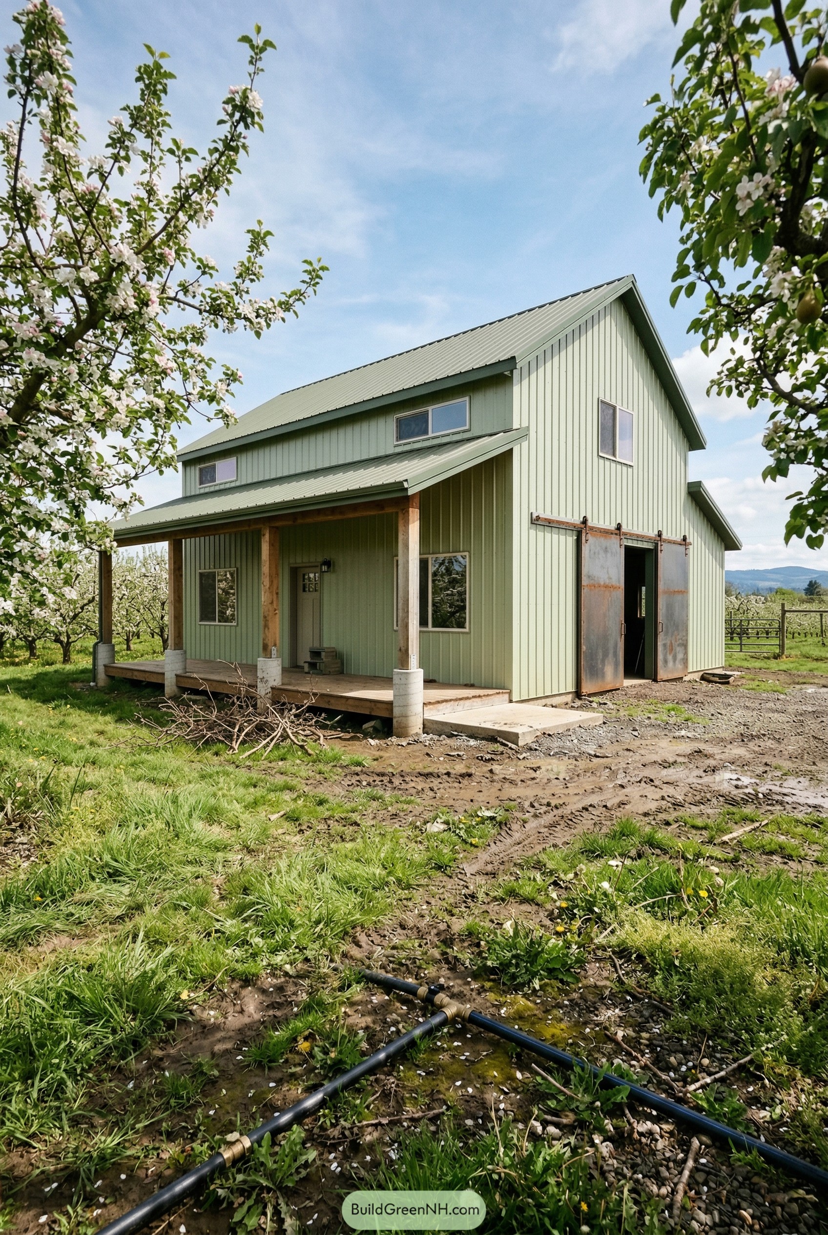 Sage green barndominium with covered porch in orchard