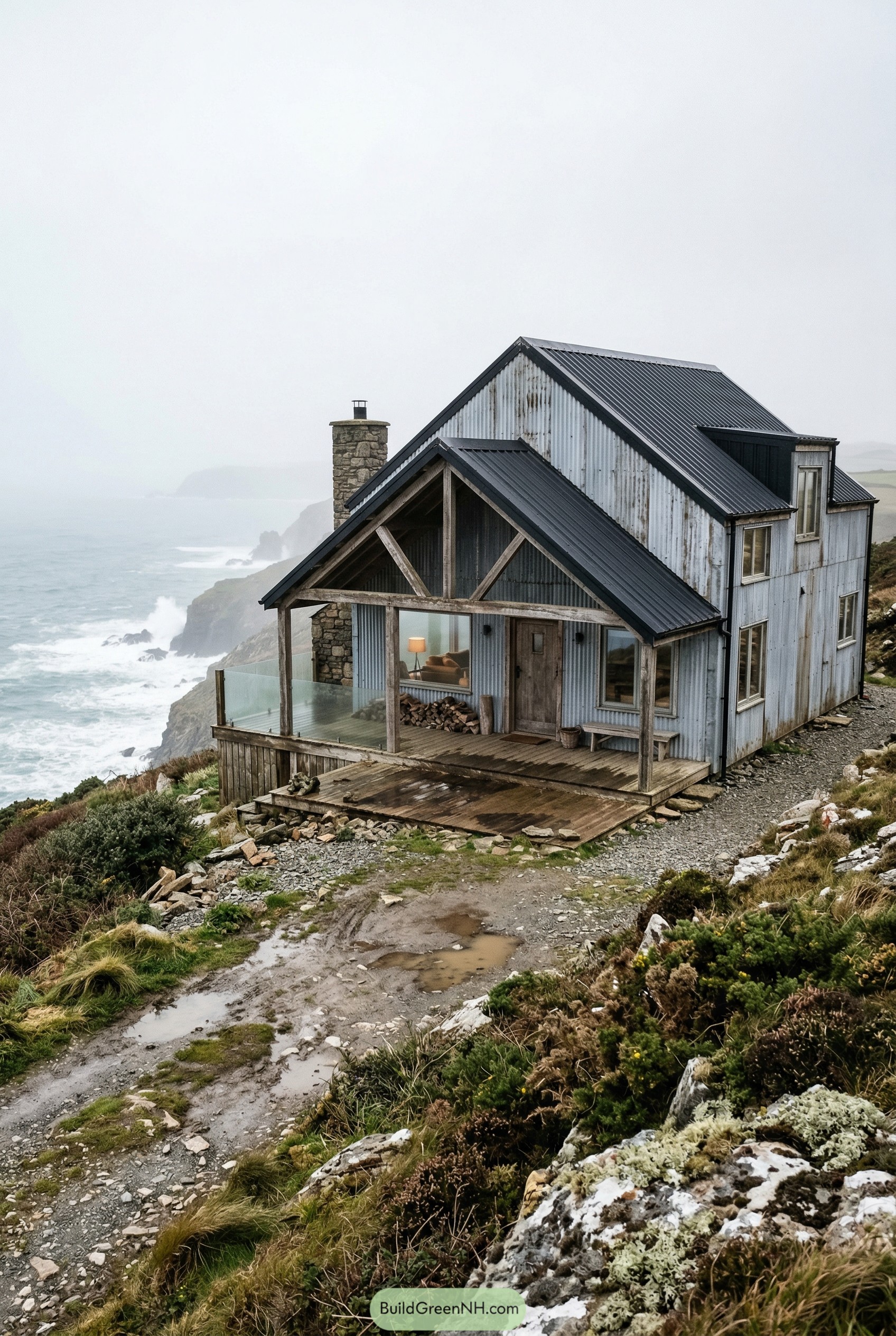 Weathered barndominium on a rocky coastal cliff with a covered porch