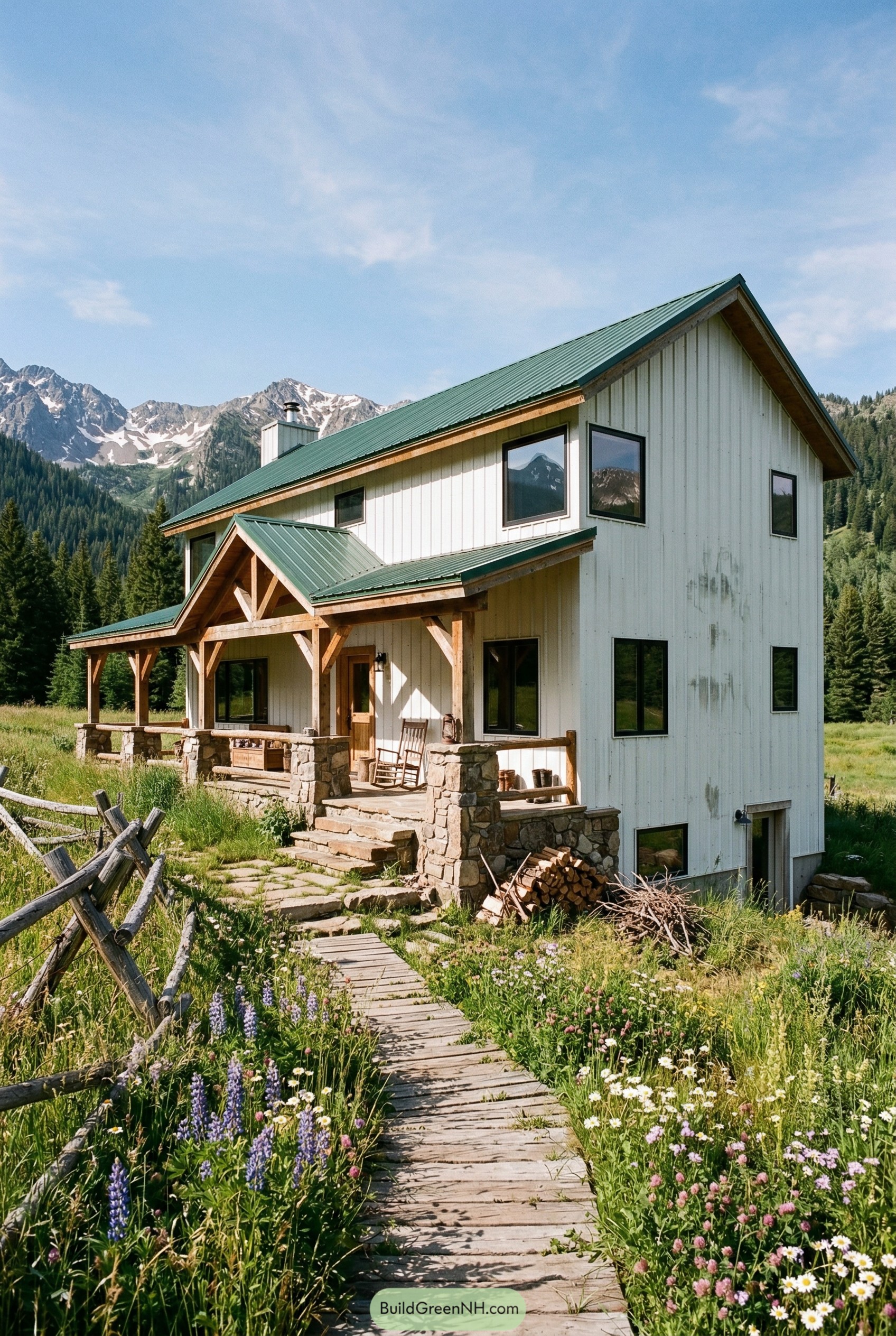 White barndominium with green roof and stone porch in a mountain meadow