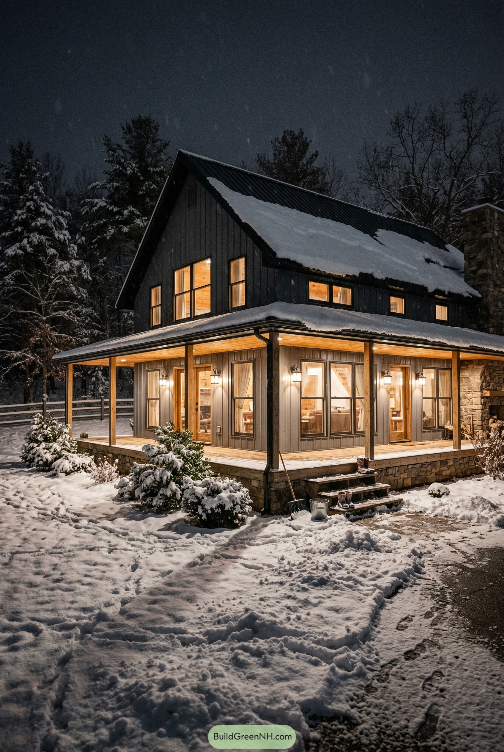 Snowy barndominium with wraparound porch and stone chimney at night