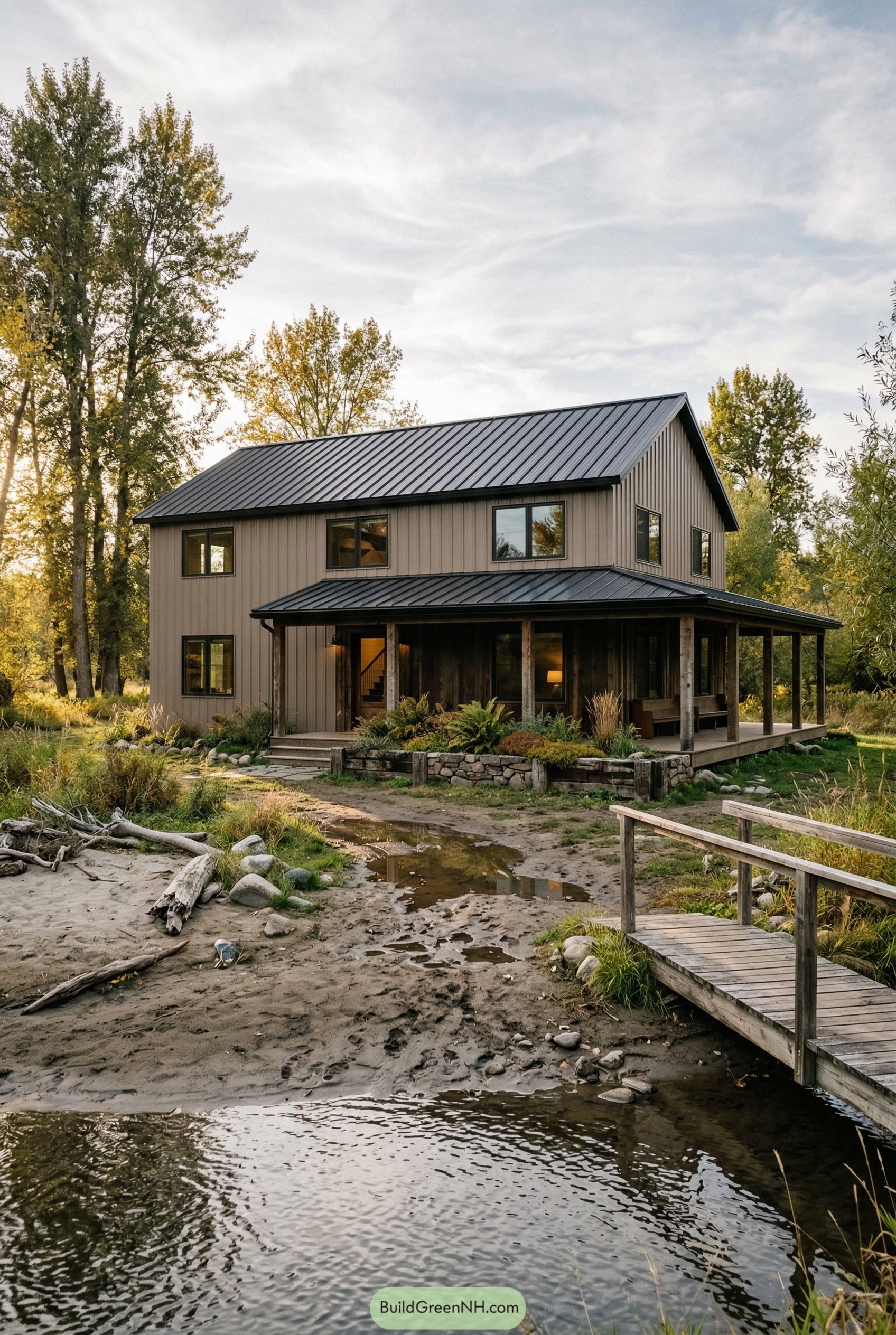 Two story barndominium with wraparound porch beside a creek