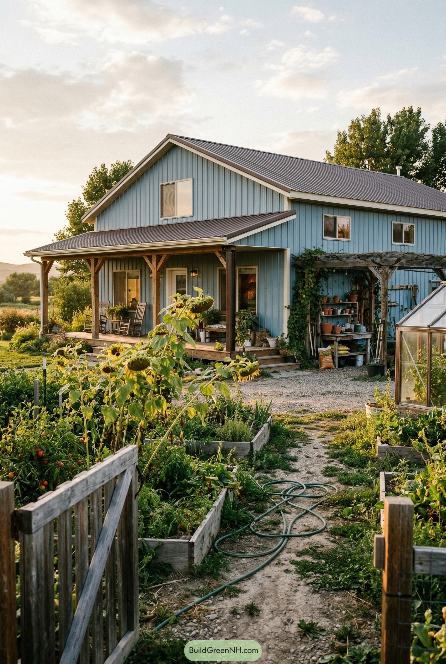 Blue barndominium with deep porch and raised gardens