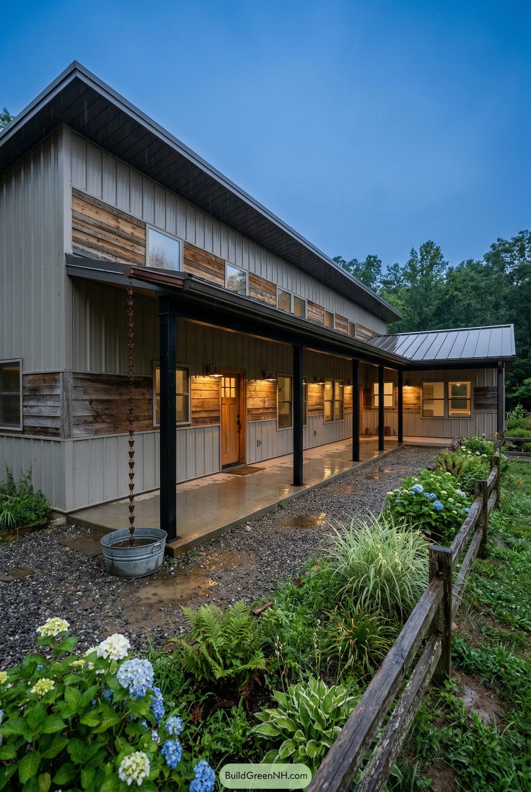 Gray barndominium with rustic wood accents and deep porch