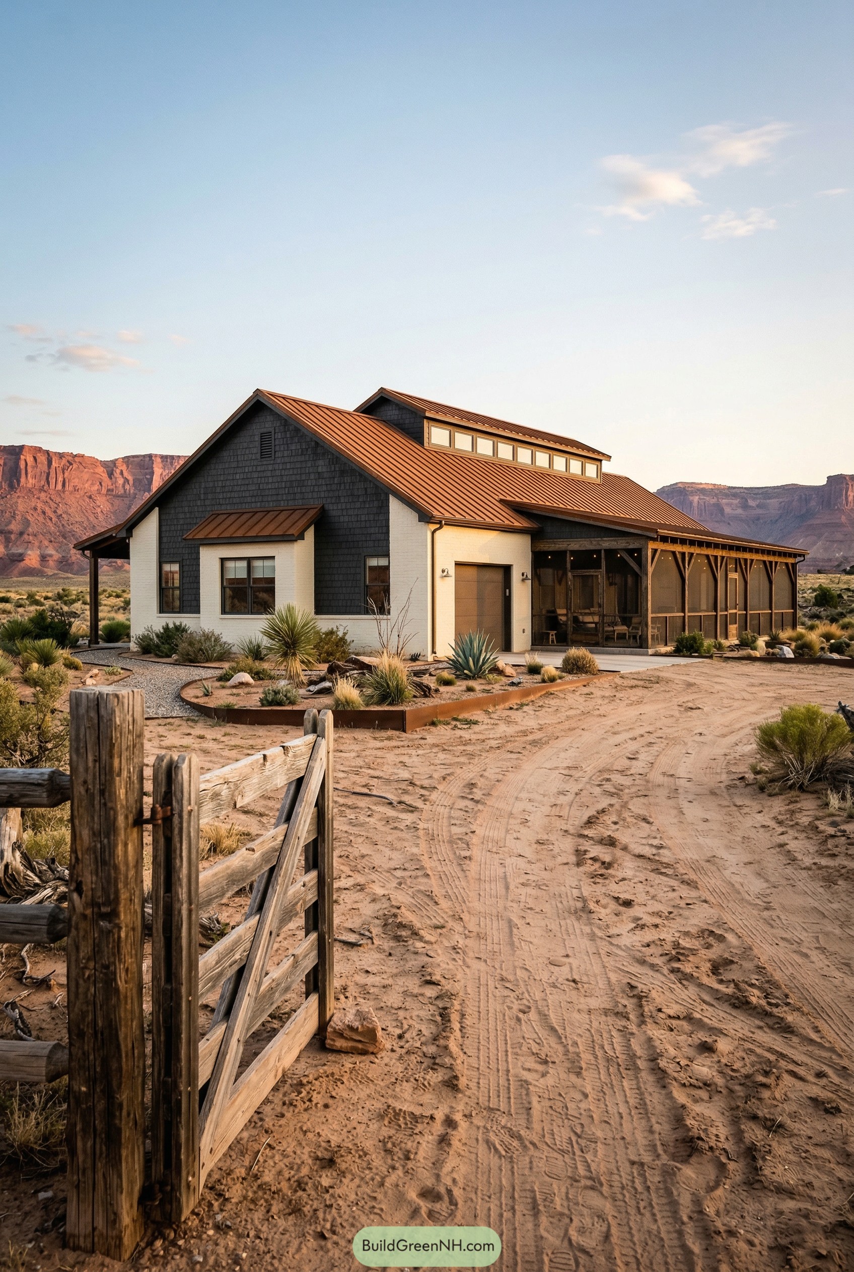 Desert barndominium with screened porch and rust roof
